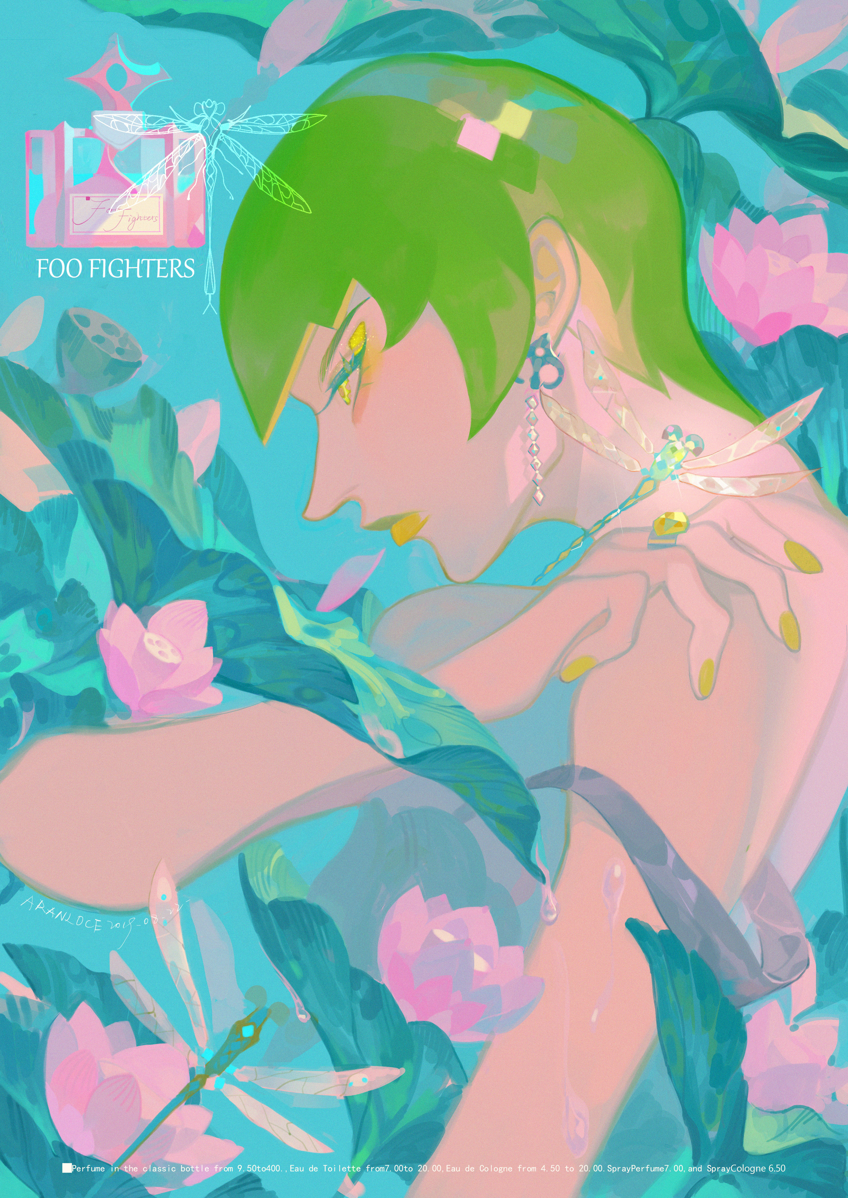 aranloce, foo fighters (jojo), jojo no kimyou na bouken, stone ocean, absurdres, commentary, english commentary, highres, mixed-language commentary, 1girl, 2018, artist name, bug, character name, colored eyelashes, dated, dragonfly, earrings, flower, from side, green hair, green lips, green nails, insect, jewelry, short hair