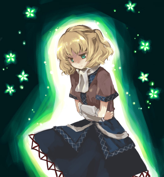 akr et, mizuhashi parsee, touhou, bad id, bad pixiv id, 1girl, arm warmers, black background, blonde hair, female focus, green eyes, scarf, short hair, solo, standing