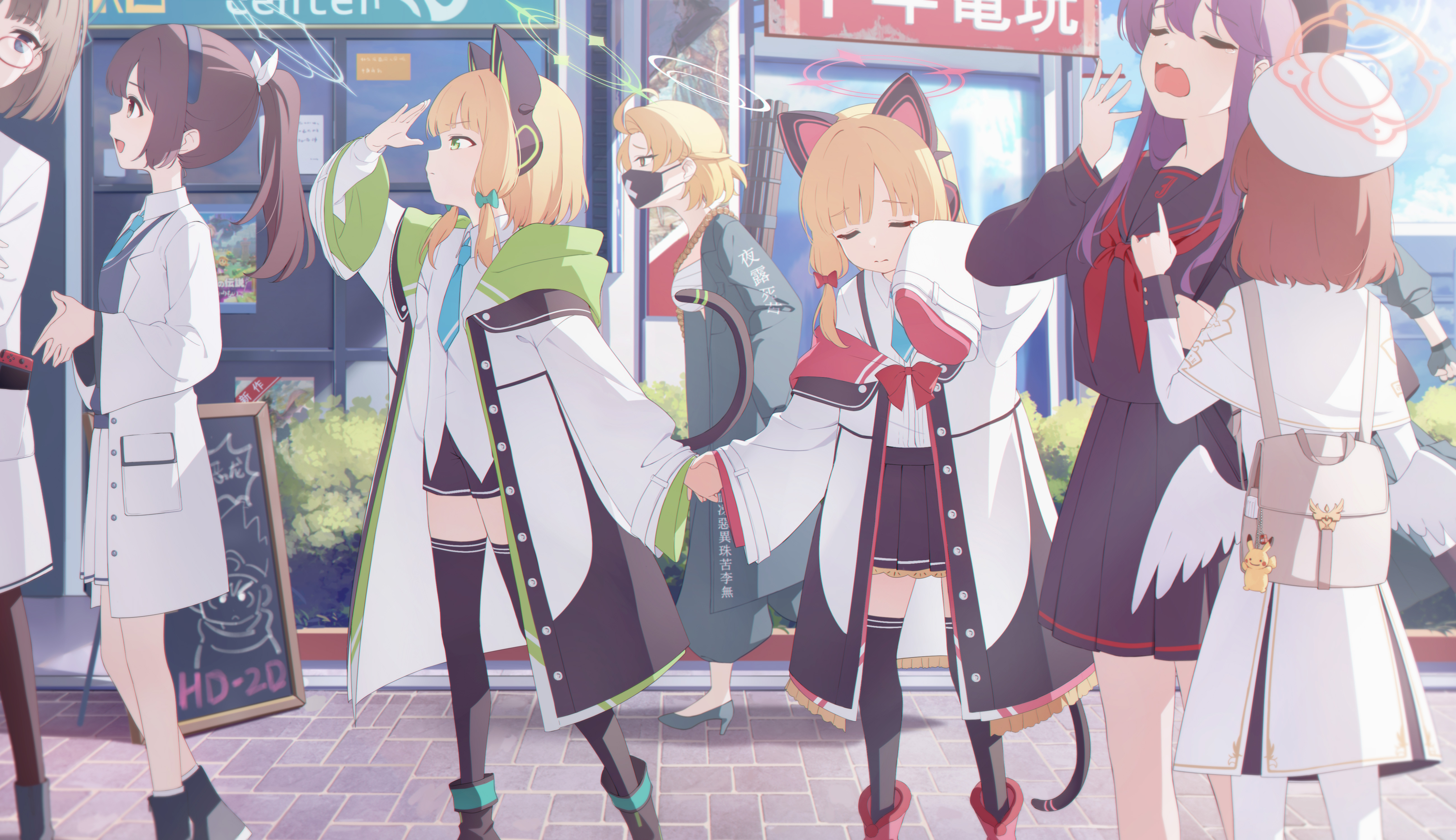 soeyumi, midori (blue archive), momoi (blue archive), pikachu, blue archive, nintendo, pokemon, absurdres, commentary request, highres, 6+girls, animal ear headphones, animal ears, bag, bag charm, black sailor collar, black serafuku, black shorts, black skirt, black thighhighs, blonde hair, boots, brown hair, bush, cat ear headphones, cat ears, charm (object), closed eyes, closed mouth, cloud, coat, collared shirt, day, fake animal ears, from side, gen 1 pokemon, glasses, green eyes, hair ribbon, halo, hat, headphones, high heels, holding hands, long sleeves, mask, mouth mask, multiple girls, neckerchief, open clothes, open coat, outdoors, pantyhose, ponytail, purple hair, red neckerchief, ribbon, sailor collar, sarashi, school uniform, serafuku, shading eyes, shirt, short shorts, shorts, sign, skirt, sky, sleeves past fingers, sleeves past wrists, standing, thighhighs, walking, white coat, white hat, white pantyhose, white ribbon, white shirt, wings, yawning