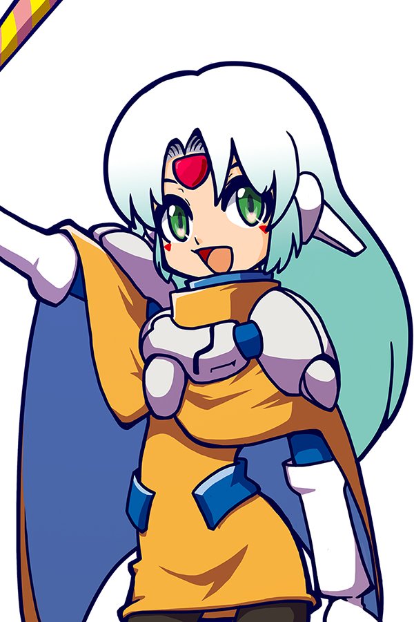 yososhi, furena, phantasy star, phantasy star iv, commentary request, 1girl, android, cape, facial mark, forehead jewel, gloves, green eyes, holding, long hair, looking at viewer, open mouth, robot ears, simple background, smile, solo, white background, white gloves