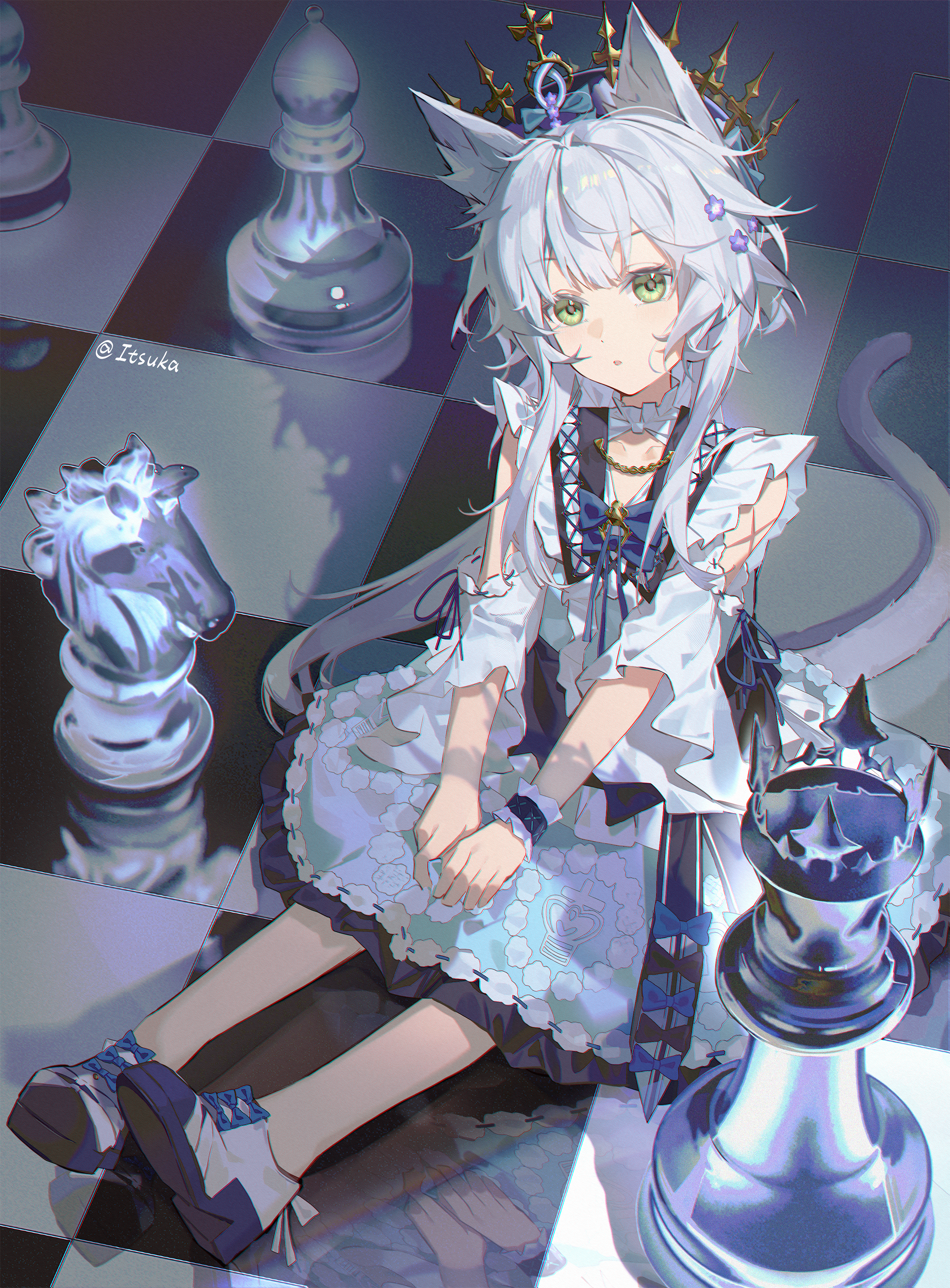 itsuka yiguo, rosmontis (arknights), arknights, absurdres, chinese commentary, commentary request, highres, 1girl, animal ear fluff, animal ears, bishop (chess), blue bow, bow, cat ears, cat girl, cat tail, chain, chess piece, chessboard, collared dress, crown, dress, flower, full body, green eyes, grey hair, knight (chess), long hair, looking at viewer, mini person, minigirl, parted lips, print dress, purple flower, rook (chess), rosmontis (an airy dream) (arknights), shoes, sitting, sneakers, solo, tail, white shoes, wrist cuffs