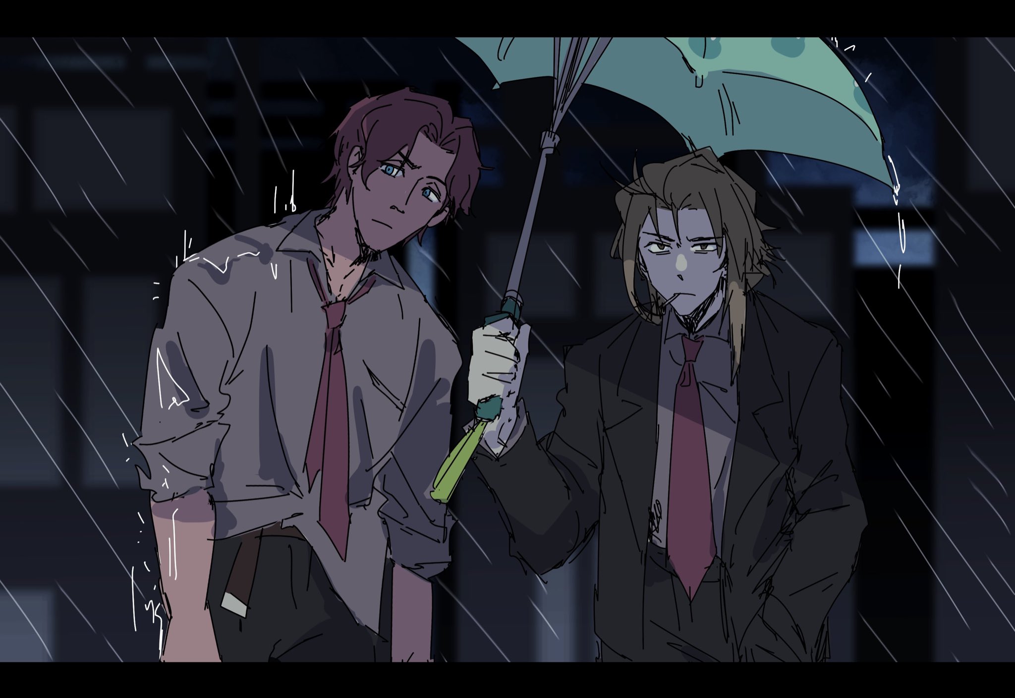 unower s, original, character request, commentary, english commentary, highres, 2boys, black coat, black pants, blue eyes, blue umbrella, brown hair, coat, curtained hair, hand in pocket, head tilt, holding, holding umbrella, jitome, letterboxed, looking at viewer, loose necktie, male focus, multiple boys, necktie, pants, rain, red hair, red necktie, shirt, short hair, smoking, umbrella, wet, wet clothes, white shirt