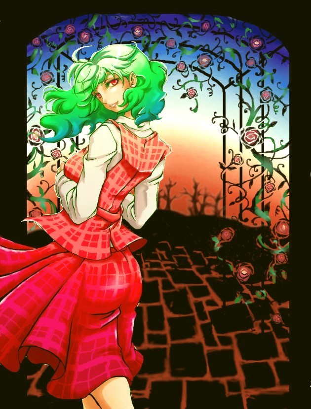 dotturu, kazami yuuka, touhou, plaid, 1girl, bare tree, female focus, flower, green hair, looking back, outdoors, red eyes, rose, short hair, sky, smile, solo, tree