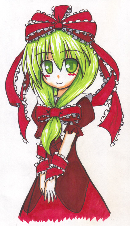 baku-p, kagiyama hina, touhou, 1girl, blush, female focus, frills, front ponytail, green eyes, green hair, hair ribbon, long hair, matching hair/eyes, ribbon, solo
