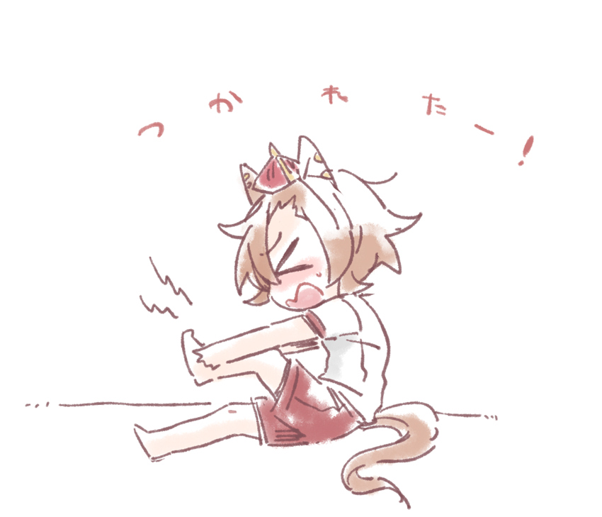 beer hsk, t.m. opera o (umamusume), umamusume, commentary request, translation request, > <, 1girl, animal ears, barefoot, brown hair, chibi, closed eyes, crown, from side, full body, gym shirt, gym shorts, gym uniform, hair between eyes, horse ears, horse girl, horse tail, mini crown, open mouth, profile, red shorts, shirt, short sleeves, shorts, sitting, solo, tail, wavy mouth, white background, white shirt