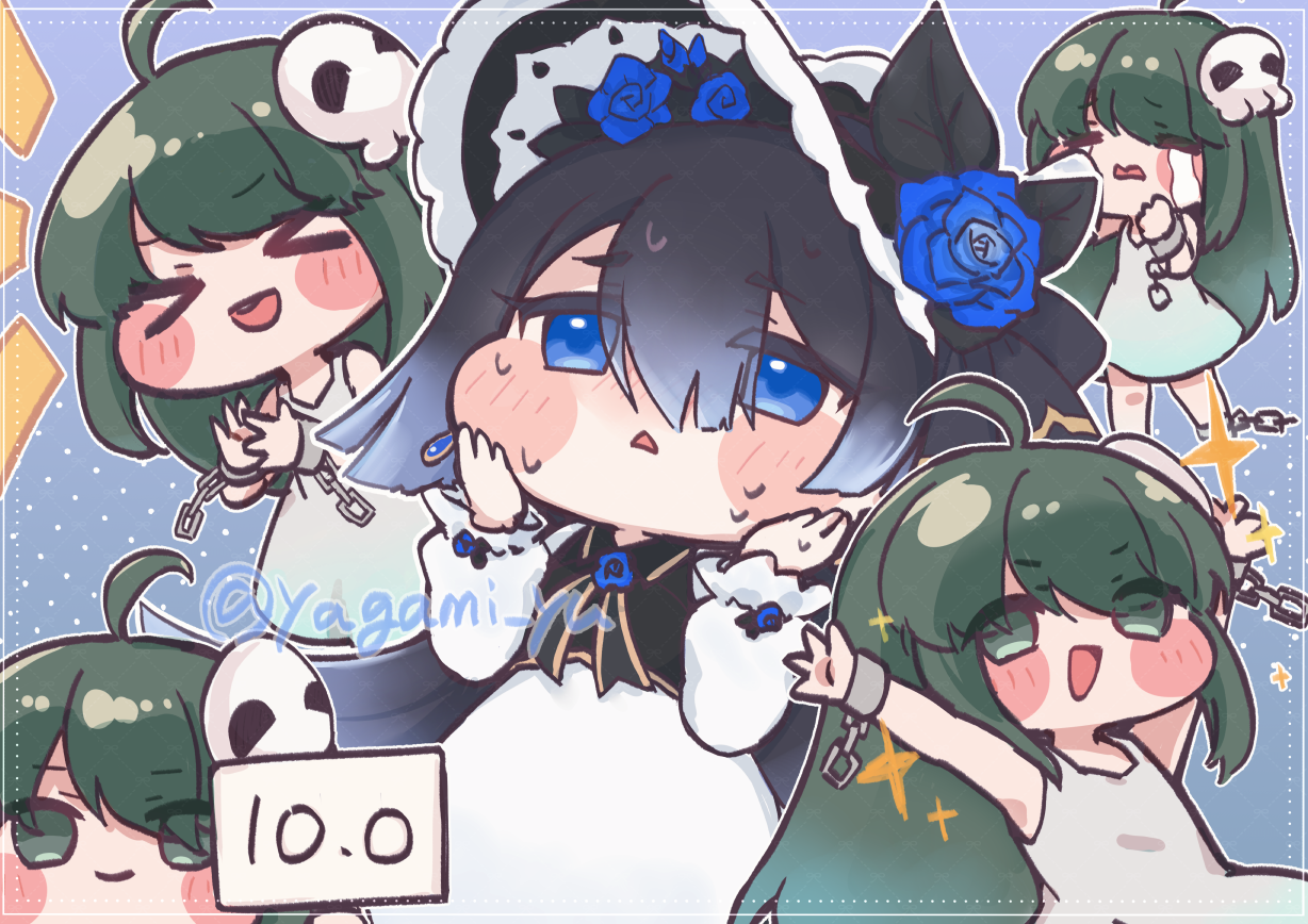 blanchet (trickcal), trickcal, commentary request, > <, 5girls, black hair, blue eyes, blue flower, blue rose, blush stickers, chibi, chibi only, closed eyes, closed mouth, crying, dress, flower, green eyes, green hair, hat, mask, mask on head, multiple girls, open mouth, rose, sari (trickcal), sweatdrop, twitter username, white dress, yagami yu