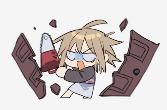 hrdrifter, urotsuki, yume 2kki, commentary request, 1girl, ahoge, black sweater, blonde hair, breaking, chainsaw, chibi, chibi only, holding, holding chainsaw, messy hair, no pupils, open mouth, plaid clothes, plaid sweater vest, plaid vest, purple sweater vest, short hair, sidelocks, simple background, skirt, solo, sweater, sweater vest, vest, white background, white skirt, wooden door