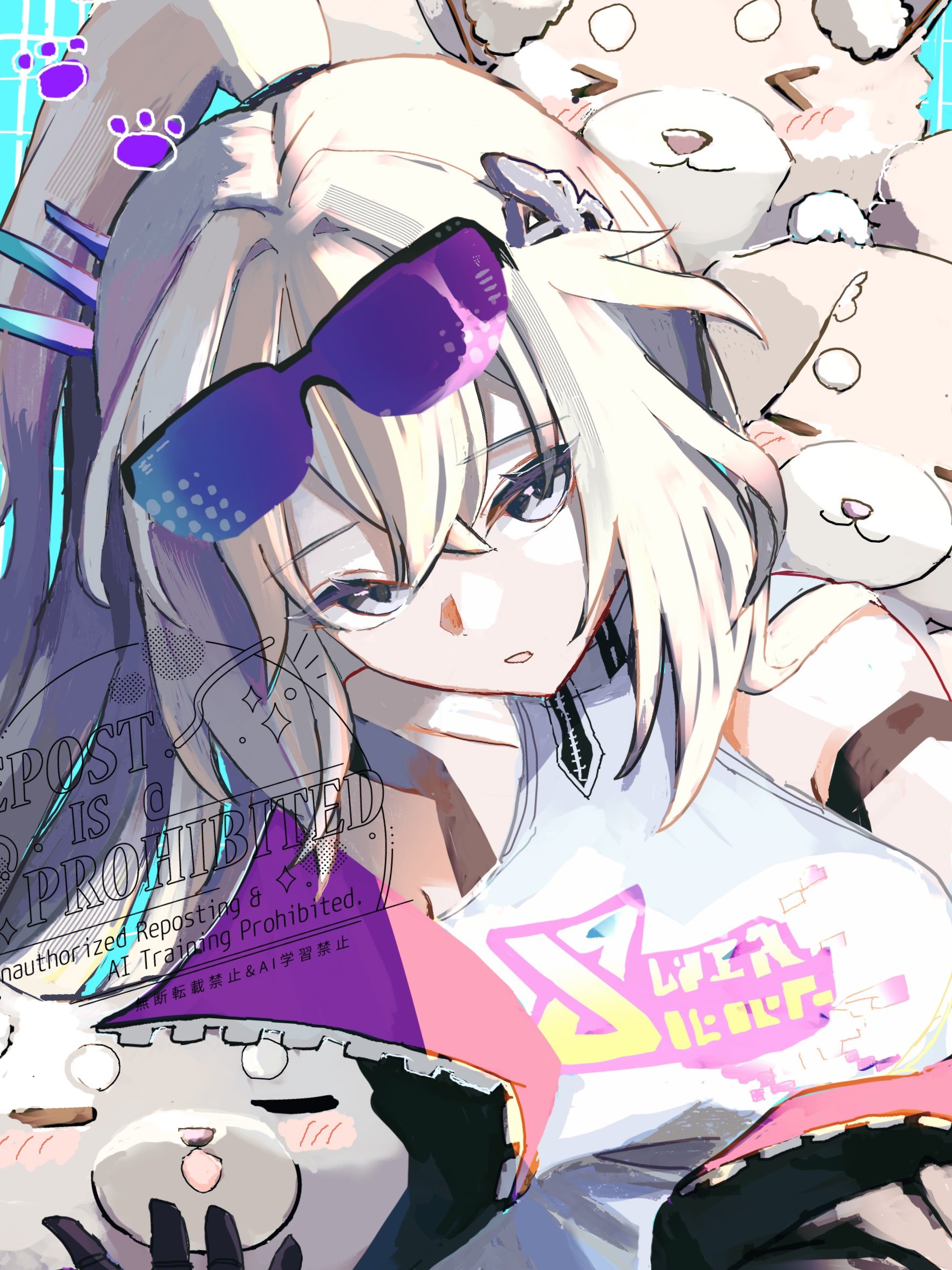 silver wolf (honkai: star rail), honkai: star rail, honkai (series), commentary request, highres, 1girl, 832cy, bear, crossed bangs, eyewear on head, goggles, goggles on head, gradient-tinted eyewear, grey eyes, hair intakes, looking at viewer, open mouth, purple-tinted eyewear, solo, stuffed animal, stuffed toy, teddy bear, tinted eyewear, upper body