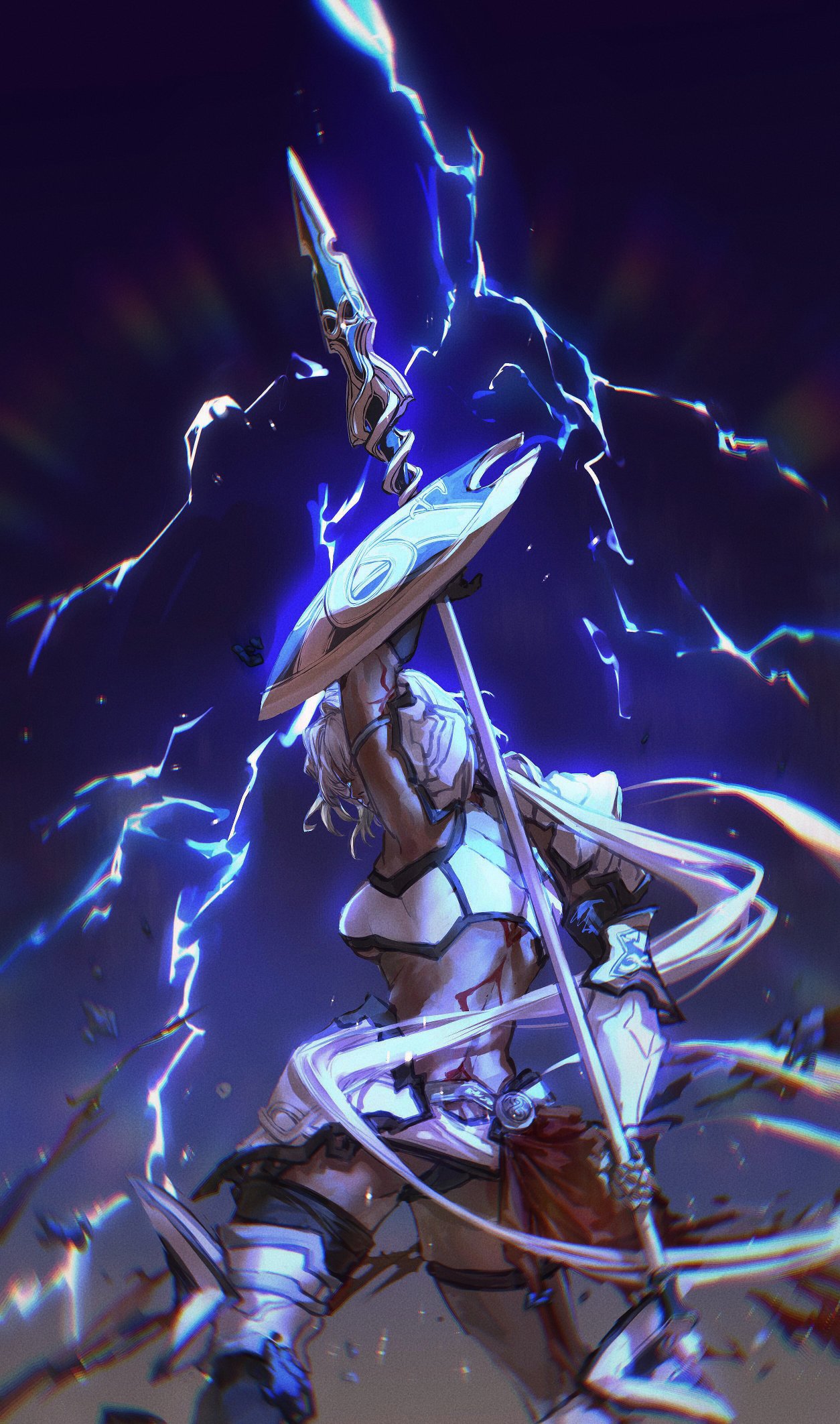 rabbittea, caenis (fate), caenis (second ascension) (fate), fate/grand order, fate (series), commentary, highres, mixed-language commentary, 1girl, armlet, armor, bikini, black bikini, black gloves, black thighhighs, black trim, blue eyes, blurry, body markings, breasts, chromatic aberration, closed mouth, cropped shirt, dark-skinned female, dark skin, depth of field, electricity, faulds, from behind, gauntlets, gloves, grand servant (fate/grand order), holding, holding polearm, holding shield, holding weapon, jewelry, long hair, looking at viewer, pauldrons, polearm, shield, shirt, shoulder armor, single gauntlet, single thighhigh, sleeveless, sleeveless shirt, solo, spear, standing, swimsuit, tankini, thigh strap, thighhighs, underboob, waist cape, weapon, white hair, white shirt