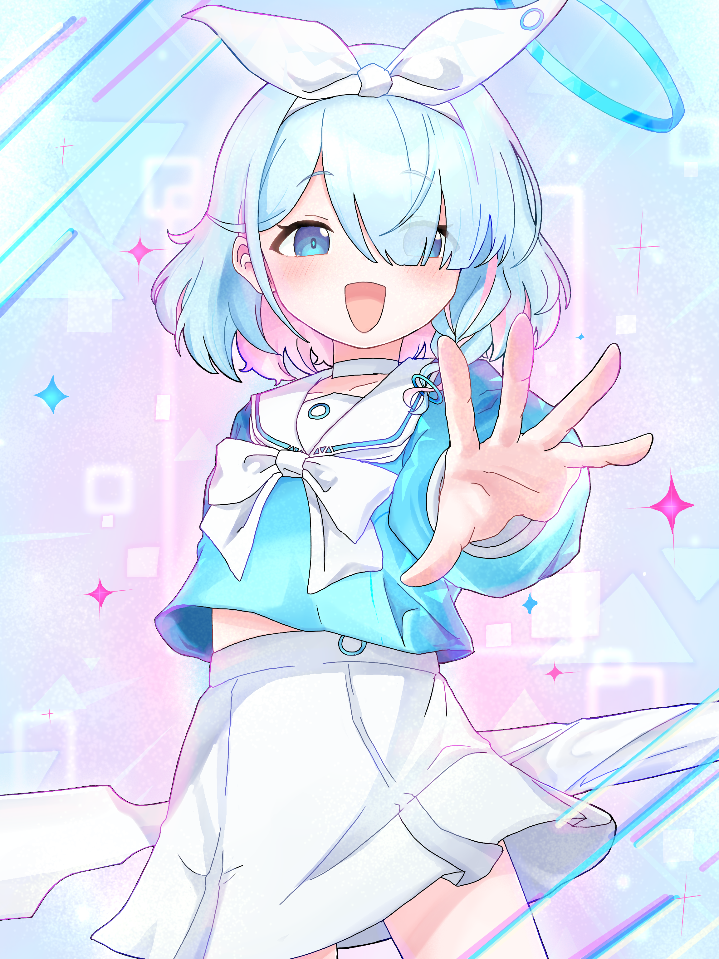 tachikaze miyako, arona (blue archive), blue archive, absurdres, commentary request, highres, 1girl, blue eyes, blue hair, blue halo, bow hairband, braid, choker, colored inner hair, hair over one eye, hairband, halo, long sleeves, looking at viewer, miniskirt, multicolored hair, neckerchief, open mouth, outstretched arm, pink hair, sailor collar, short hair, single braid, skirt, solo, umbrella gun, white choker, white hairband, white neckerchief, white sailor collar, white skirt