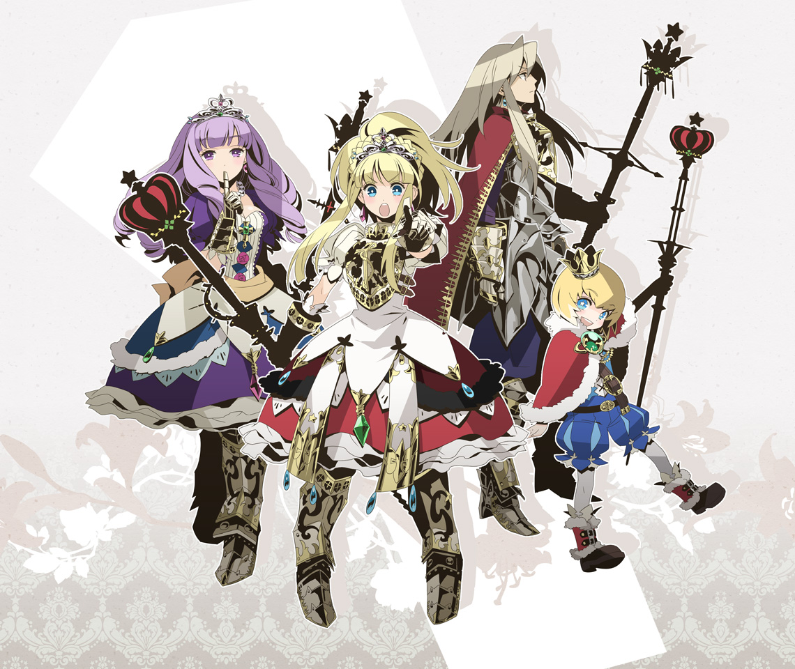 makita, prince (sekaiju), princess (sekaiju), sovereign 1 (sekaiju), sovereign 2 (sekaiju), sovereign 3 (sekaiju), sovereign 4 (sekaiju), atlus, etrian odyssey, sekaiju no meikyuu, sekaiju no meikyuu 3, 2boys, 2girls, armor, armored dress, blonde hair, blue eyes, crown, dress, finger to mouth, gauntlets, greaves, grey hair, multiple boys, multiple girls, pointing, princess, purple eyes, purple hair, scepter, sovereign (sekaiju), tiara