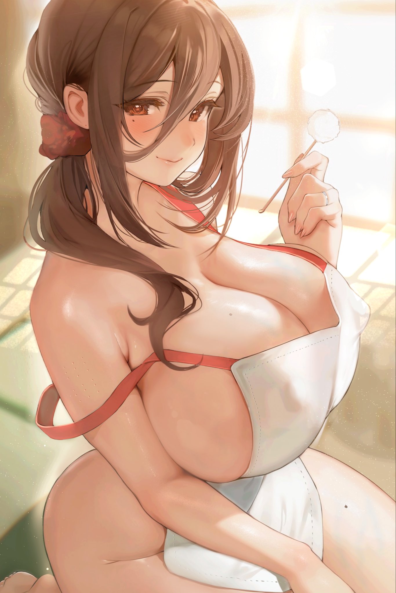 inushima, original, commentary request, highres, 1girl, apron, blush, breasts, brown eyes, brown hair, cleavage, closed mouth, covered erect nipples, hair between eyes, hair ornament, hair scrunchie, huge breasts, indoors, lips, long hair, looking at viewer, mature female, mimikaki, mole, mole under eye, naked apron, scrunchie, sidelocks, sitting, smile, solo, strap slip, veins, veiny breasts, wariza, white apron, window