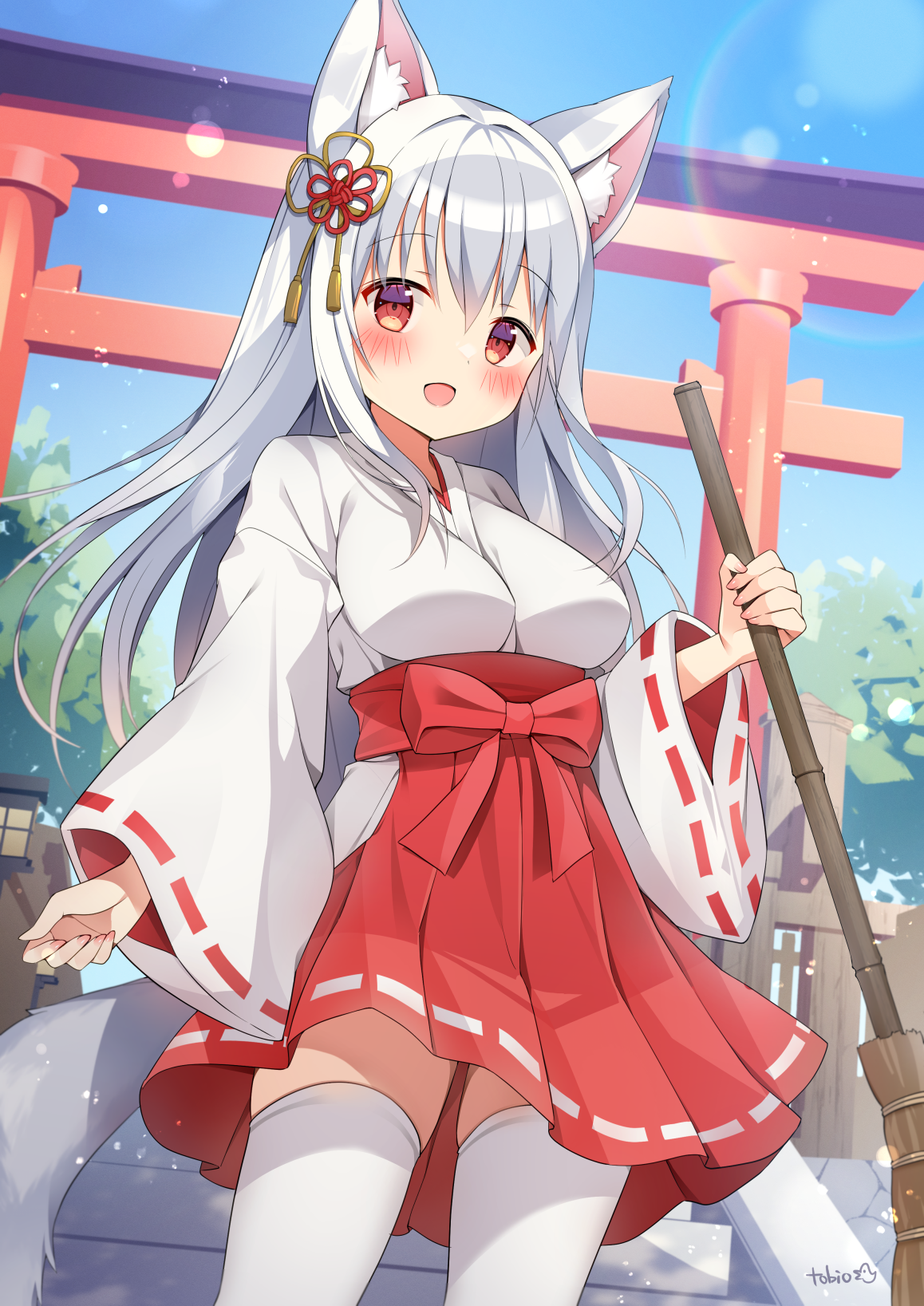 tobio illust, original, commentary request, highres, 1girl, :d, animal ear fluff, animal ears, blush, breasts, broom, cowboy shot, day, fox ears, fox girl, fox tail, hakama, hakama short skirt, hakama skirt, holding, holding broom, japanese clothes, kimono, long hair, long sleeves, medium breasts, nontraditional miko, open mouth, outdoors, red eyes, red hakama, ribbon-trimmed sleeves, ribbon trim, signature, skirt, smile, solo, tail, thighhighs, torii, white hair, white kimono, white thighhighs, wide sleeves