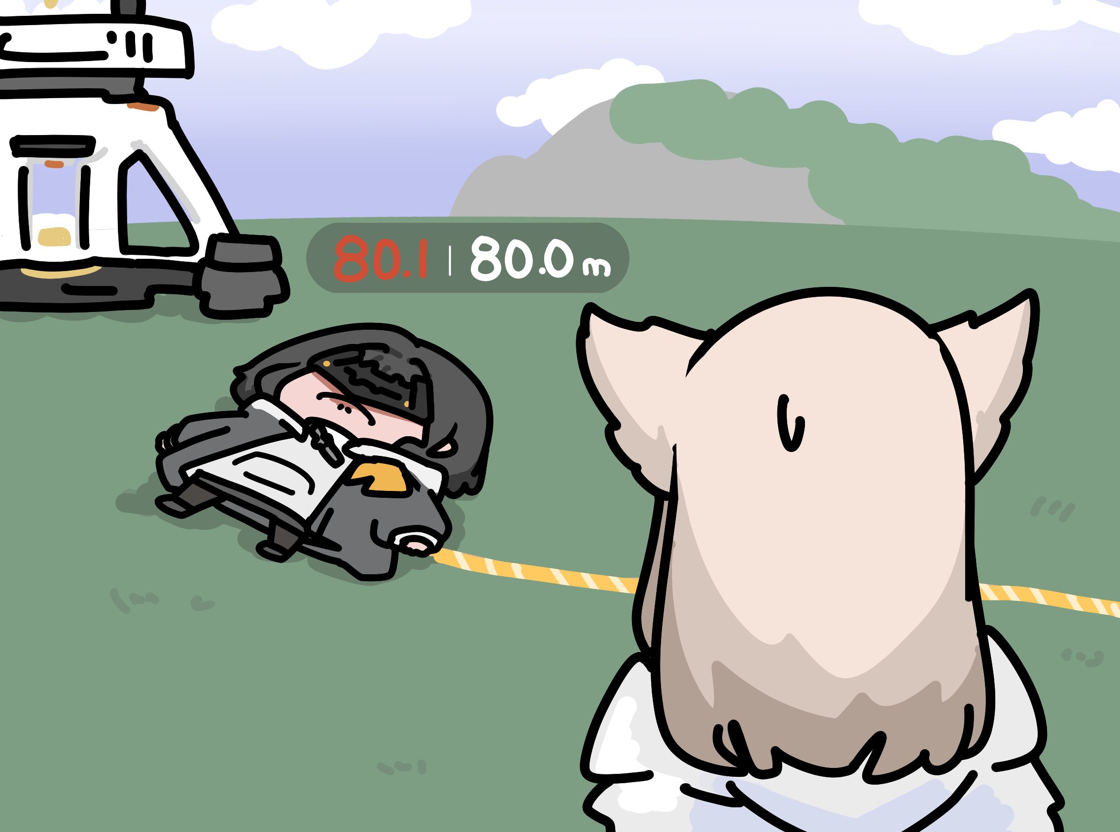 sonwooang, endministrator (arknights), female endministrator (arknights), perlica (arknights), arknights, arknights: endfield, commentary, highres, symbol-only commentary, 2girls, animal ears, bird ears, bird girl, black mask, blonde hair, blue sky, cable, chibi, coat, english text, eye mask, field, frown, gameplay mechanics, grass, grey coat, heads-up display, holding, holding cable, jacket, lying, mask, multiple girls, on back, open clothes, open coat, outdoors, sky, user interface, white jacket