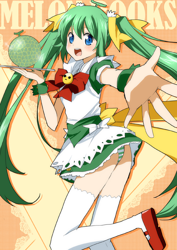 kurot, melon-chan, melonbooks, 1girl, apron, blue eyes, bow, female focus, food, fruit, maid, maid apron, melon book, panties, personification, ribbon, solo, striped clothes, striped panties, thighhighs, twintails, underwear, white thighhighs, yellow bow