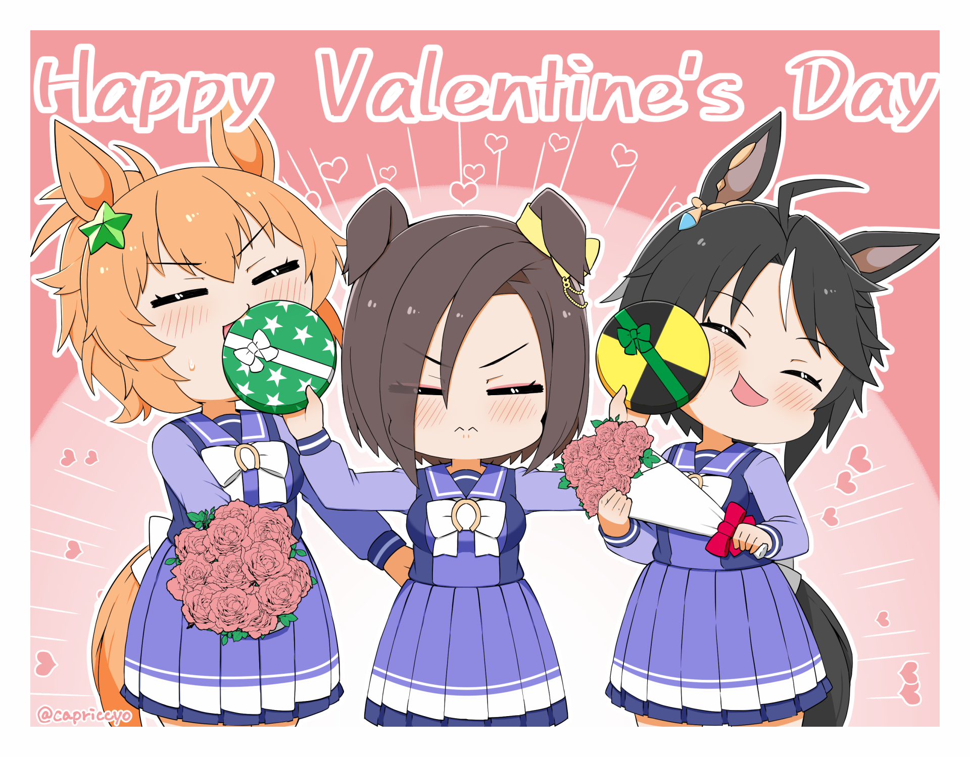 capriccyo, air groove (umamusume), fuji kiseki (umamusume), taiki shuttle (umamusume), umamusume, commentary request, highres, 3girls, :d, ^ ^, ahoge, animal ears, black hair, blush, bouquet, bow, breasts, brown hair, closed eyes, closed mouth, ear bow, ears down, eyes visible through hair, flower, gift, hair ornament, hair over one eye, happy valentine, holding, holding bouquet, holding gift, horse ears, horse girl, horse tail, in the face, large breasts, multicolored hair, multiple girls, open mouth, pink background, pink flower, pink rose, pleated skirt, ponytail, purple shirt, purple skirt, rose, shirt, skirt, smile, star (symbol), star hair ornament, streaked hair, tail, two-tone background, v-shaped eyebrows, wavy mouth, white background, white bow, white hair, yellow bow