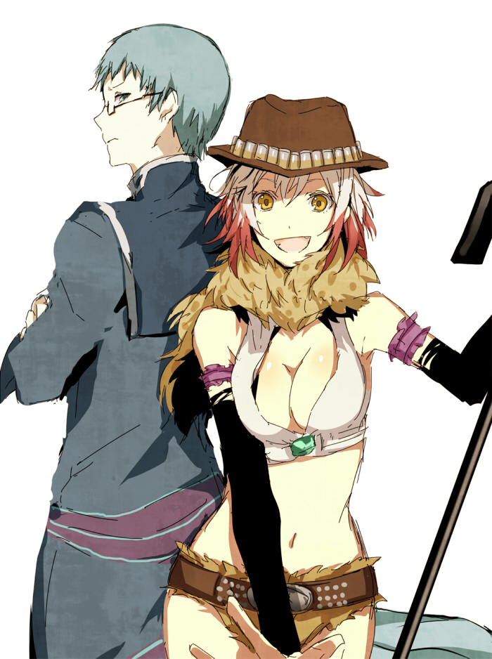 arisaka ako, hubert ozwell, pascal (skimpy cowgirl) (tales), pascal (tales), tales of (series), tales of graces, bad id, bad pixiv id, 1boy, 1girl, alternate costume, belt, blue eyes, blue hair, breasts, cleavage, glasses, hat, large breasts, multicolored hair, official alternate costume, red hair, two-tone hair, white background, white hair