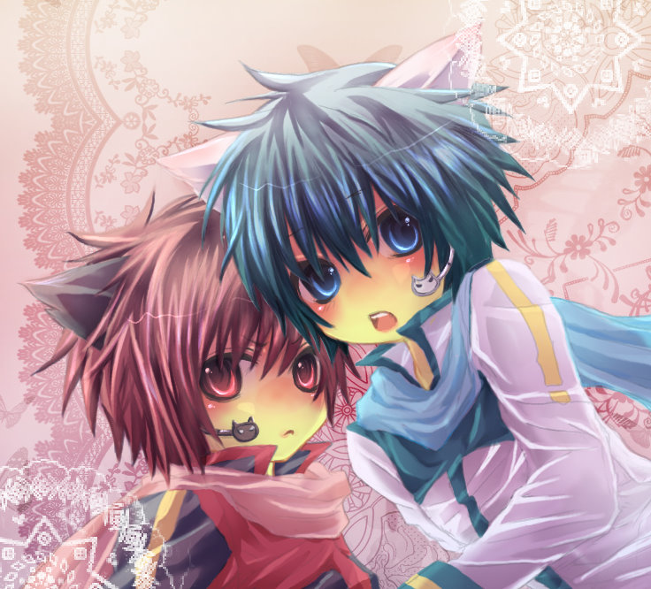 tsutaya, akaito, kaito (vocaloid), vocaloid, bad id, bad pixiv id, 2boys, animal ears, blue hair, cat boy, cat ears, chibi, male focus, multiple boys, red hair, short hair, upper body
