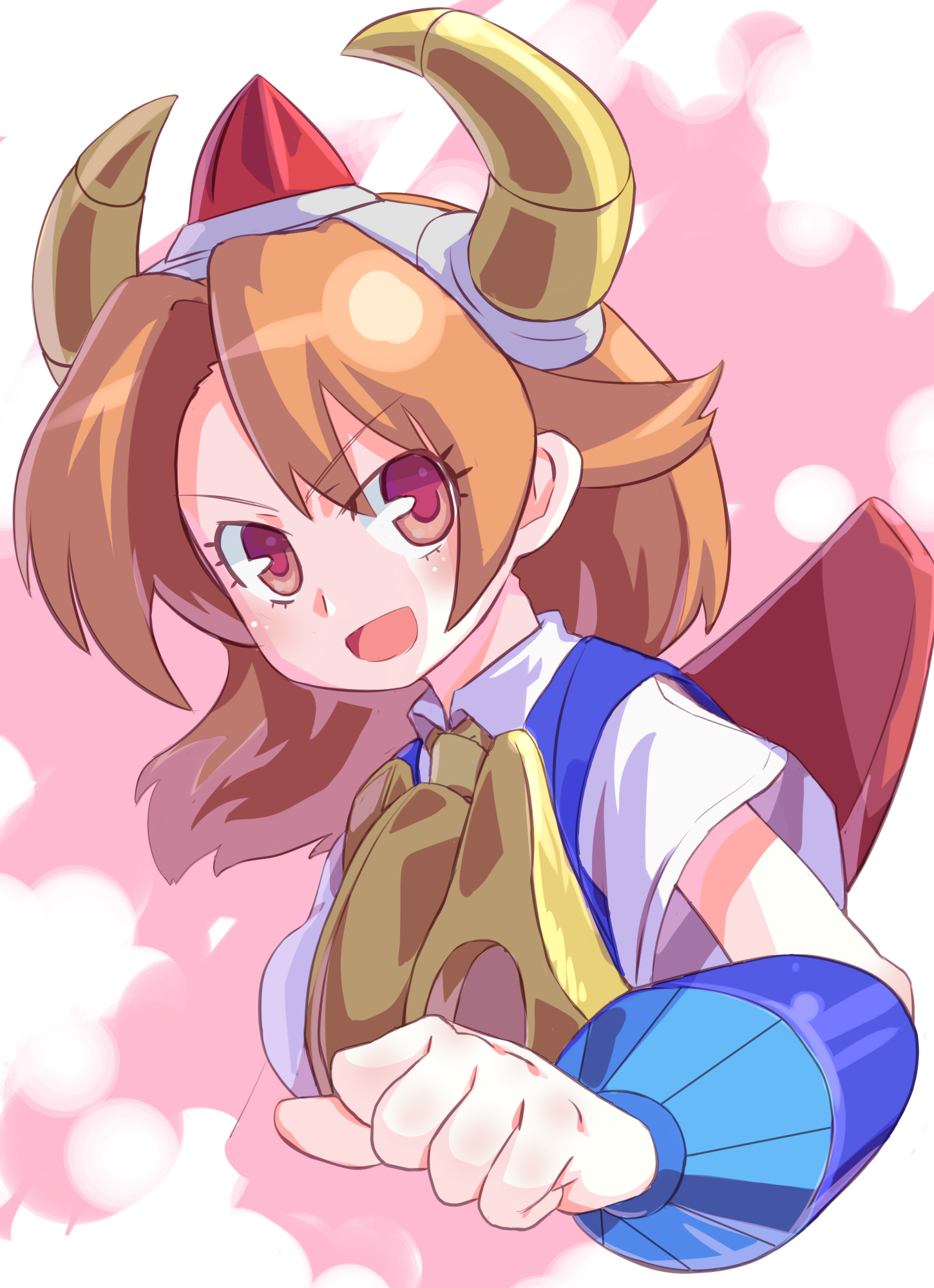 sumith, gai-chan, gaiking (dmg), gaiking, toei company, toei robot girls, bad id, bad pixiv id, highres, 1970s (style), 1girl, brown eyes, brown hair, cosplay, female focus, horns, mecha musume, oldschool, open mouth, otaku, personification, retro artstyle, school uniform, solo