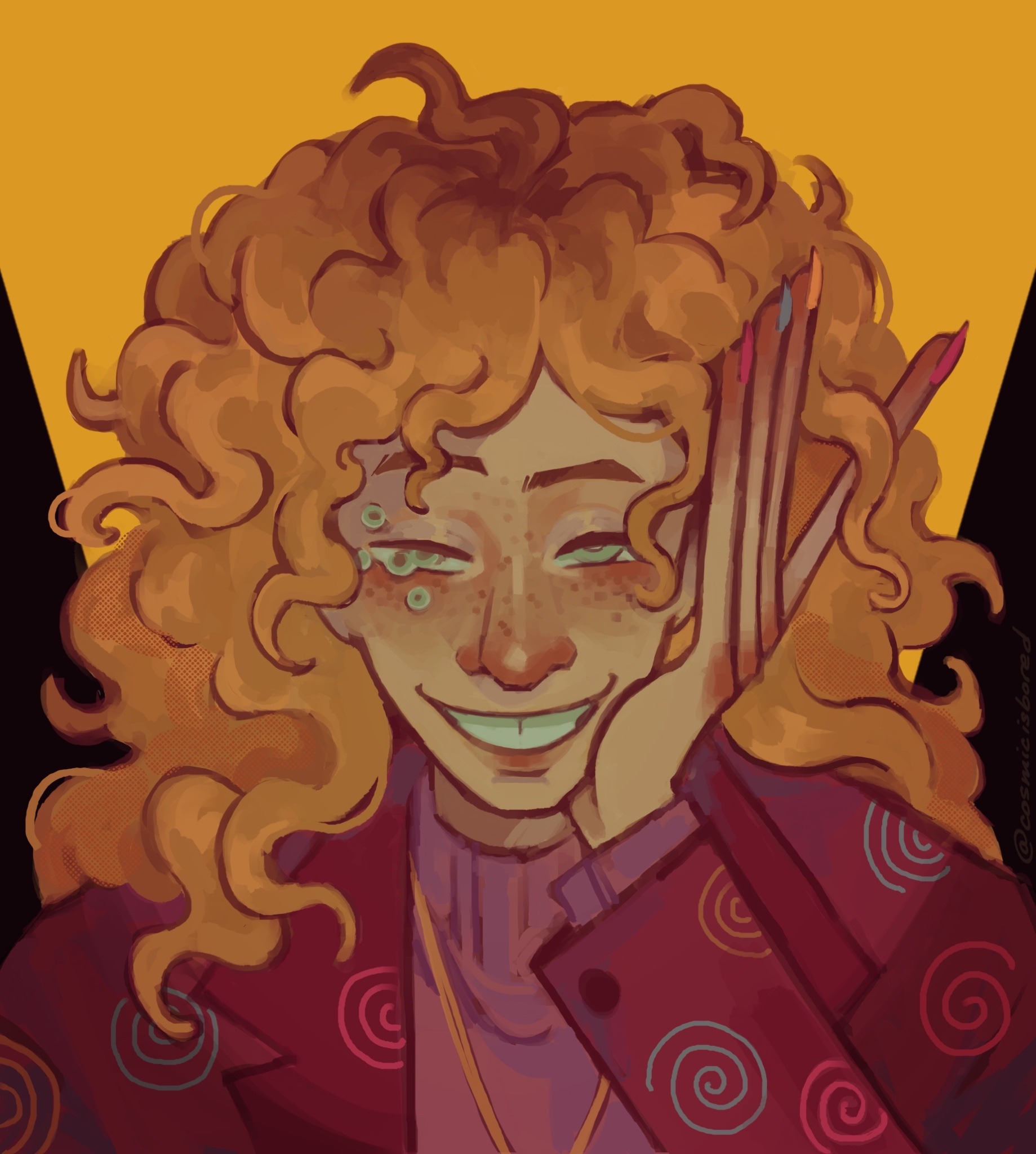 the magnus archives, wide nose, commentary, english commentary, highres, 1boy, blazer, blonde hair, blush, body freckles, body horror, cosmicisbored, curly hair, design speculation, distortion (tma), eyeshadow, freckles, green eyes, grin, jacket, lips, long fingers, long hair, makeup, male focus, michael shelley, monster boy, multicolored nails, nose, smile, straight-on, sweater, teeth, tooth gap, turtleneck, turtleneck sweater