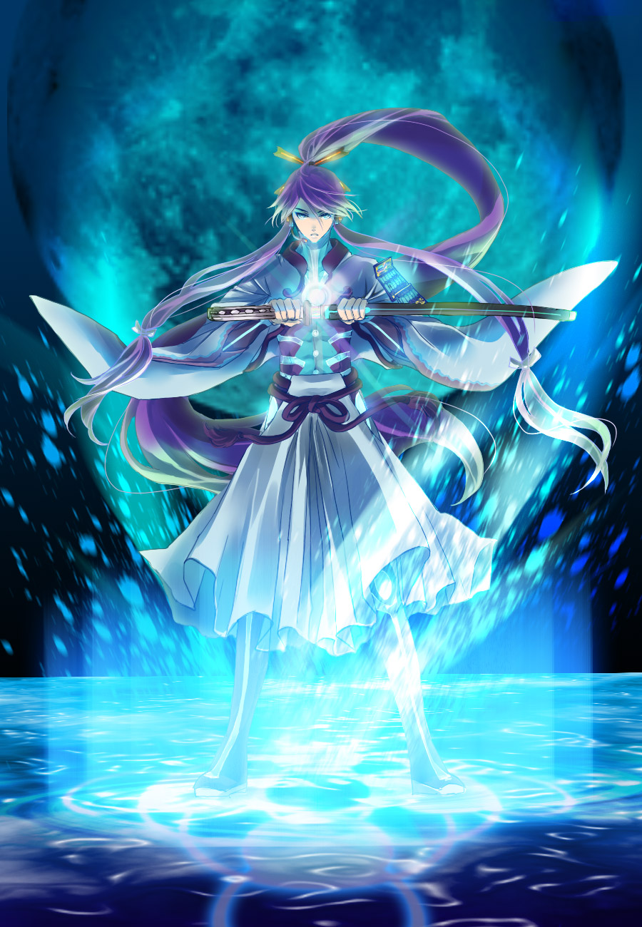 uya, kamui gakupo, vocaloid, light, highres, md5 mismatch, 1boy, armor, glowing, katana, long hair, magic, magic circle, male focus, ponytail, purple hair, solo, splashing, standing, standing on magic circle, sword, very long hair, walking, walking on liquid, water, weapon