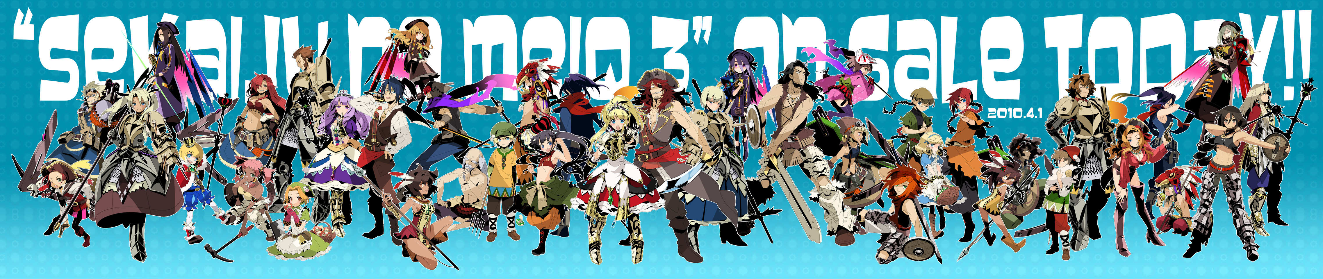 makita, ballista (sekaiju), ballista 1 (sekaiju), ballista 2 (sekaiju), ballista 3 (sekaiju), ballista 4 (sekaiju), beast king (sekaiju), beast king 1 (sekaiju), beast king 2 (sekaiju), beast king 3 (sekaiju), beast king 4 (sekaiju), farmer (sekaiju), farmer 1 (sekaiju), farmer 2 (sekaiju), farmer 3 (sekaiju), farmer 4 (sekaiju), monk (sekaiju), monk 1 (sekaiju), monk 2 (sekaiju), monk 3 (sekaiju), monk 4 (sekaiju), phalanx (sekaiju), phalanx 1 (sekaiju), phalanx 2 (sekaiju), phalanx 3 (sekaiju), phalanx 4 (sekaiju), pirate (sekaiju), pirate 1 (sekaiju), pirate 2 (sekaiju), pirate 3 (sekaiju), pirate 4 (sekaiju), prince (sekaiju), princess (sekaiju), shinobi (sekaiju), shinobi 1 (sekaiju), shinobi 2 (sekaiju), shinobi 3 (sekaiju), shinobi 4 (sekaiju), sovereign 1 (sekaiju), sovereign 2 (sekaiju), sovereign 3 (sekaiju), sovereign 4 (sekaiju), warrior (sekaiju), warrior 1 (sekaiju), warrior 2 (sekaiju), warrior 3 (sekaiju), warrior 4 (sekaiju), zodiac (sekaiju), zodiac 1 (sekaiju), zodiac 2 (sekaiju), zodiac 3 (sekaiju), zodiac 4 (sekaiju), atlus, etrian odyssey, sekaiju no meikyuu, sekaiju no meikyuu 3, absurdres, highres, long image, wide image, 6+boys, 6+girls, apple, armor, armored dress, bandages, bare shoulders, basket, beard, belt, black hair, blonde hair, blue eyes, blue hair, blush, bob cut, book, boots, bow (weapon), braid, brown hair, cow, crossbow, crown, dark skin, dress, everyone, eyepatch, facial hair, facial mark, feathers, fingerless gloves, flower, food, fox mask, fruit, gauntlets, glasses, gloves, glowing, goggles, green eyes, grey hair, gun, halberd, handgun, hat, huge weapon, japanese clothes, katana, kimono, mace, mask, midriff, multiple boys, multiple girls, mushroom, navel, orange eyes, orange hair, pink hair, pitchfork, pointing, polearm, ponytail, purple eyes, purple hair, red eyes, red hair, sash, scarf, scepter, sheep, shield, short hair, sideburns, sleeveless, sleeveless turtleneck, sovereign (sekaiju), spear, sword, thighhighs, tiara, turtleneck, twintails, weapon, white hair, yellow eyes