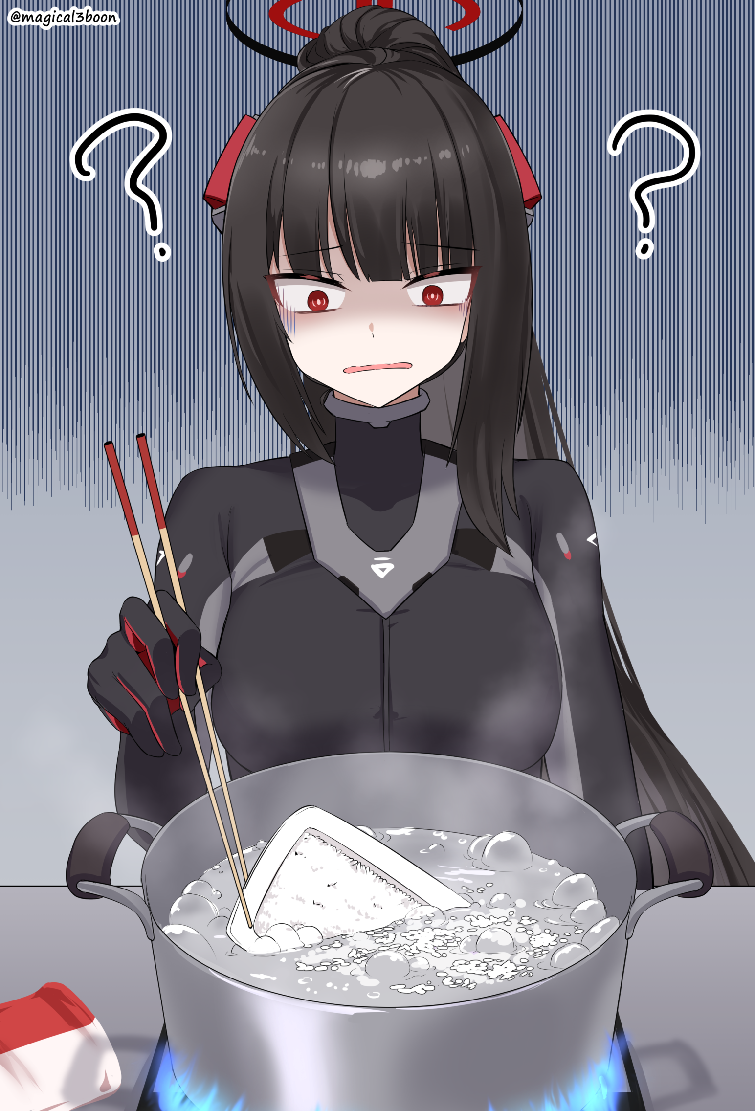 threeboon, rio (armed) (blue archive), rio (blue archive), blue archive, commentary, highres, 1girl, ?, black bodysuit, black hair, bodysuit, bright pupils, chopsticks, cooking, cooking pot, halo, holding, holding chopsticks, long hair, multicolored halo, official alternate costume, official alternate hairstyle, open mouth, ponytail, red eyes, shaded face, solo, twitter username, two-tone halo, upper body, white pupils