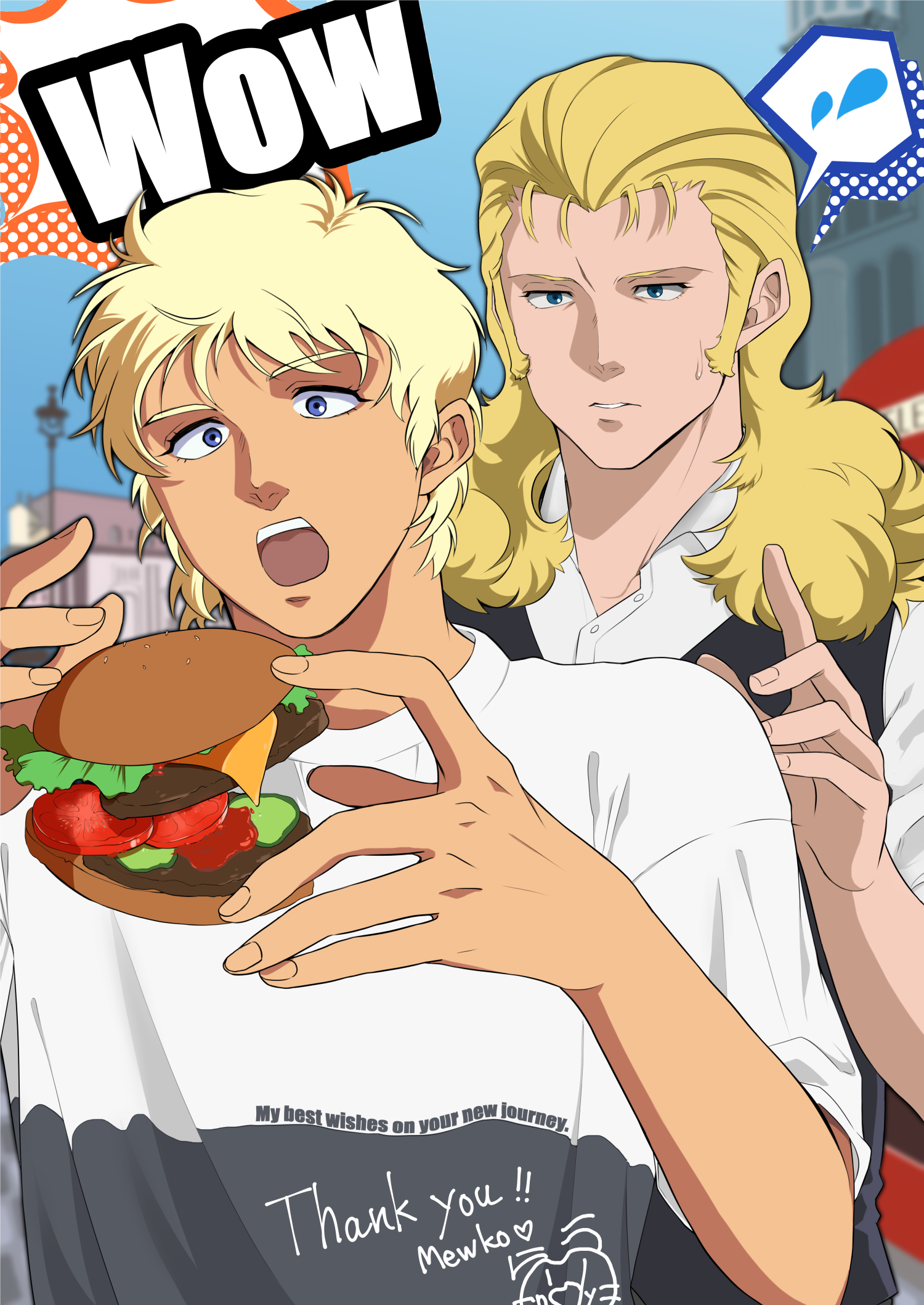 afranshia char, full frontal, gaia gear, gundam, gundam unicorn, commentary request, commission, highres, skeb commission, 2boys, black shirt, black vest, blonde hair, blue eyes, burger, flying sweatdrops, food, geroika m12y20, long hair, multicolored shirt, multiple boys, shirt, short hair, short sleeves, signature, spoken flying sweatdrops, surprised, sweatdrop, thank you, upper body, vest, white shirt