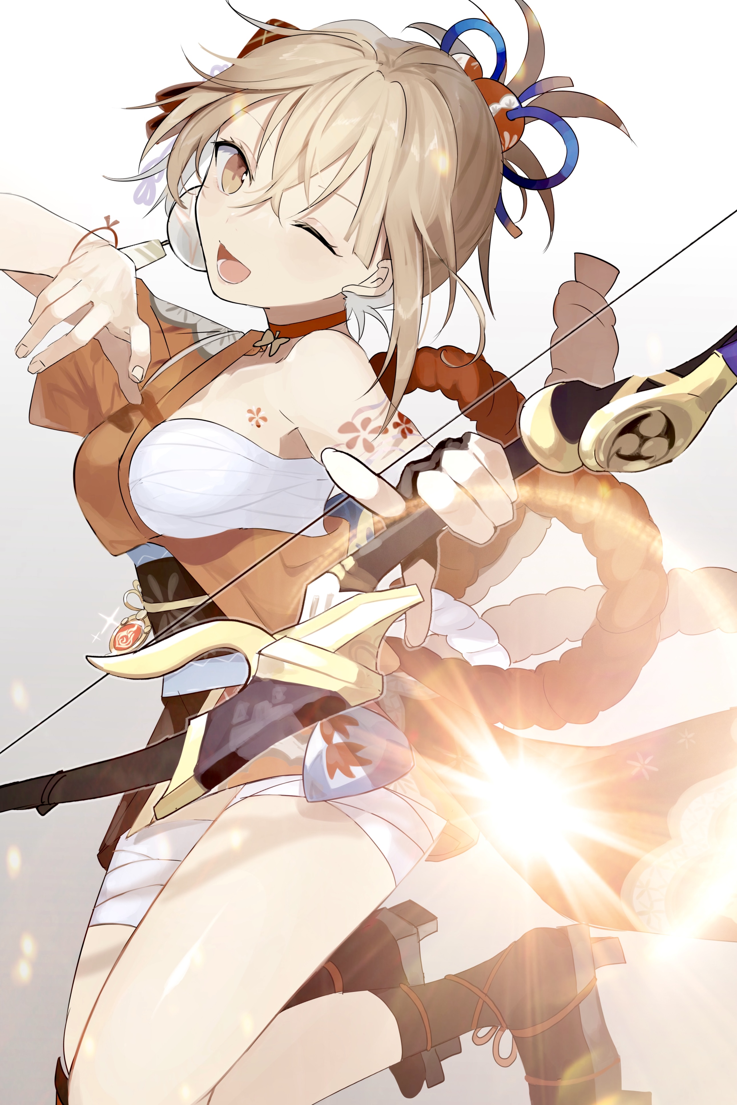 yoko (nz g), yoimiya (genshin impact), genshin impact, absurdres, commentary request, highres, 1girl, arm tattoo, arm up, bandaged arm, bandaged leg, bandages, black socks, blonde hair, bow (weapon), breasts, butterfly necklace, chest tattoo, choker, earrings, fingernails, gloves, hair between eyes, hair bun, hair ornament, hamayumi (genshin impact), holding, holding bow (weapon), holding weapon, japanese clothes, jewelry, jumping, kimono, legs up, looking at viewer, medium breasts, obi, obiage, one eye closed, open mouth, orange kimono, ponytail, red rope, rope, sandals, sarashi, sash, simple background, single earring, smile, socks, solo, tattoo, vision (genshin impact), weapon, white background, yellow eyes