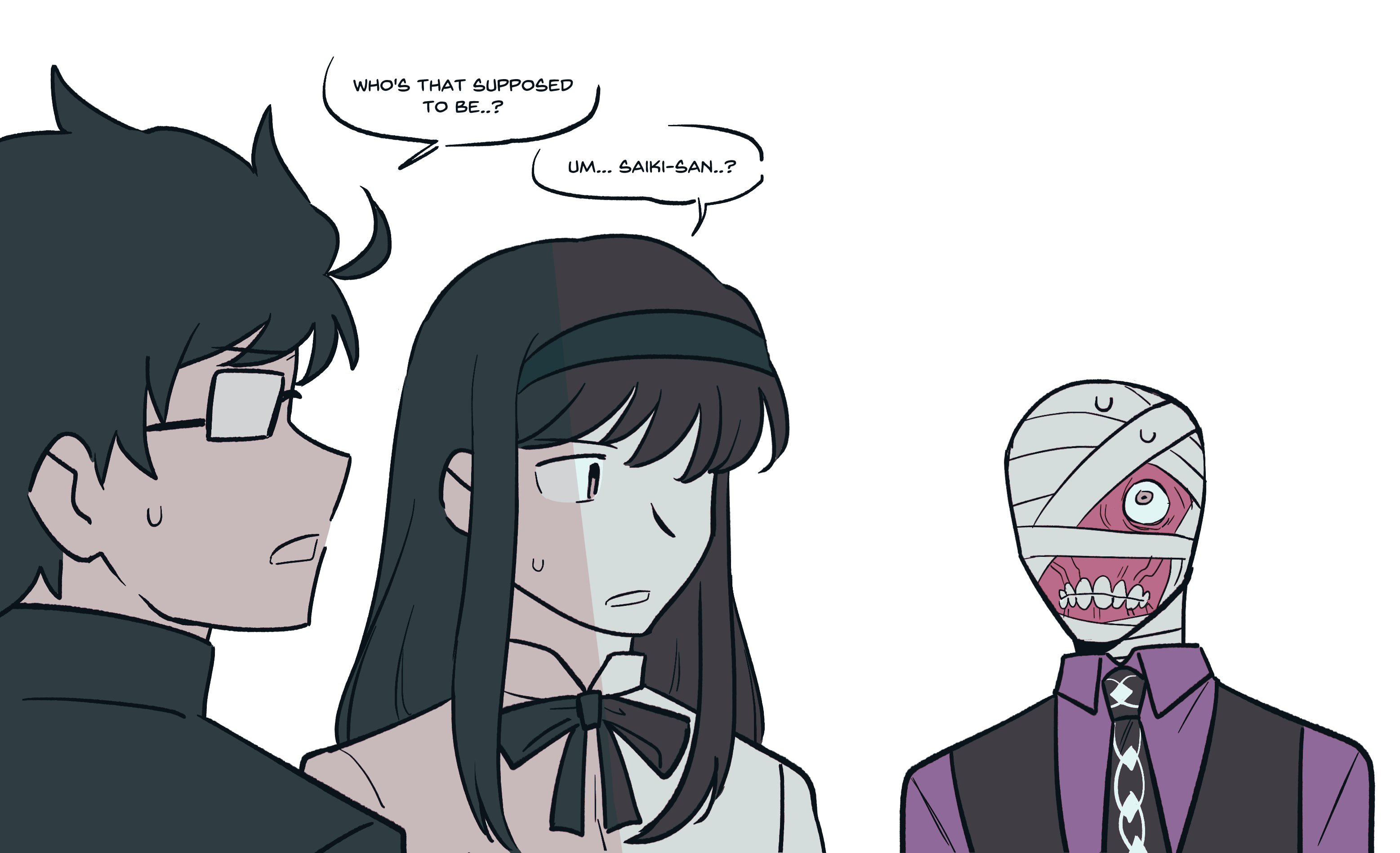 vincent-san, curly (mouthwashing), saiki gouto, tohno akiha, tohno shiki, mouthwashing, tsukihime, tsukihime (remake), highres, 1girl, 2boys, ahoge, bandage on face, bandage over one eye, bandaged head, bandages, black hair, black necktie, black ribbon, black vest, collared shirt, cosplay, crossover, dress shirt, formal clothes, gakuran, glasses, gloves, hairband, long hair, long sidelocks, multiple boys, necktie, nervous sweating, purple shirt, ribbon, saiki gouto (cosplay), school uniform, shirt, sidelocks, souya high school uniform, sweat, vest, white shirt