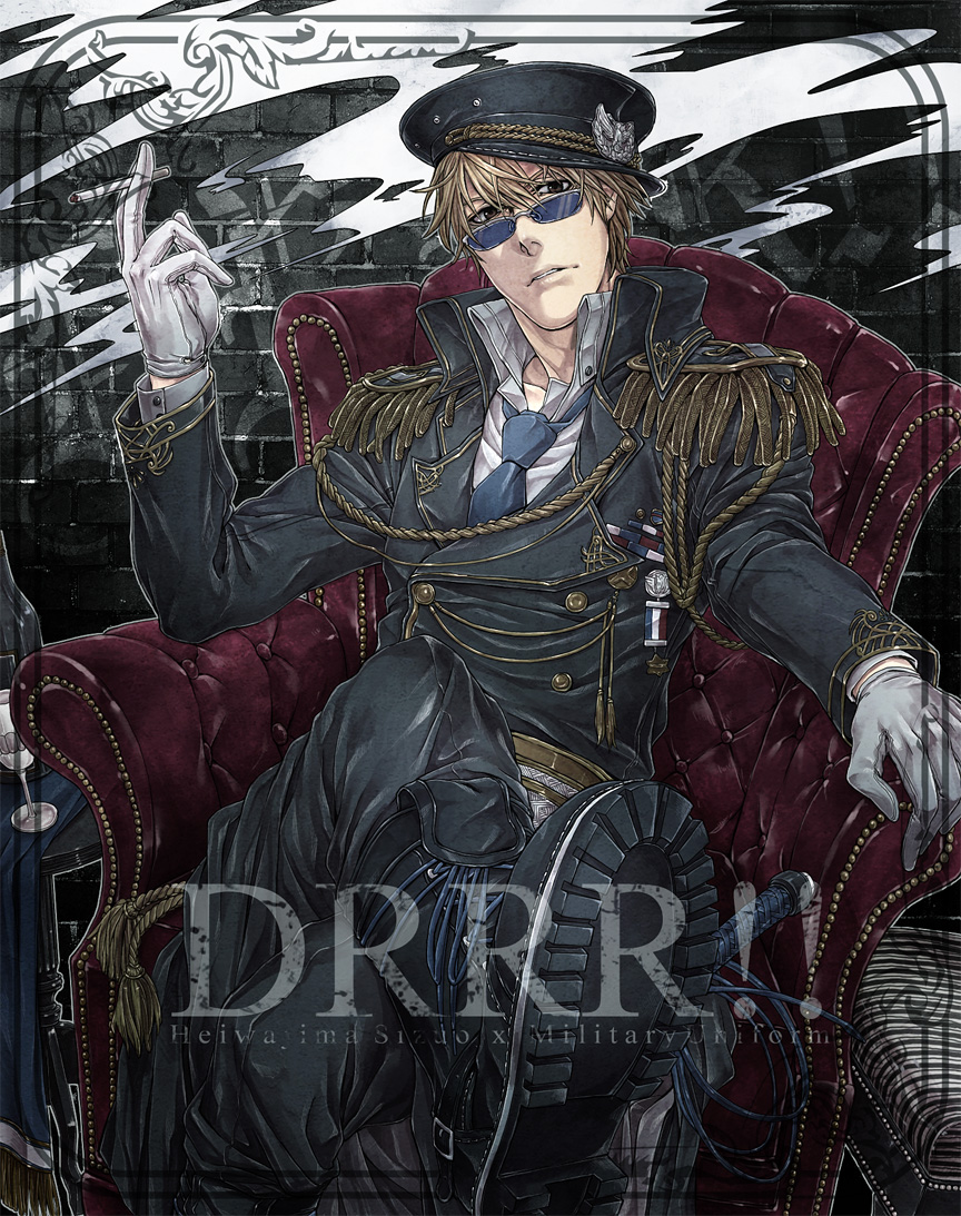 azuma yuuhi, heiwajima shizuo, durarara!!, bad id, bad pixiv id, 1boy, aiguillette, blonde hair, boots, cigarette, gloves, hat, male focus, military, military uniform, necktie, sitting, solo, sunglasses