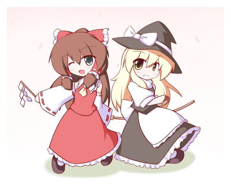 miyo (miyomiyo01), hakurei reimu, kirisame marisa, touhou, 2girls, blonde hair, broom, brown hair, female focus, gohei, hat, multiple girls, witch, witch hat