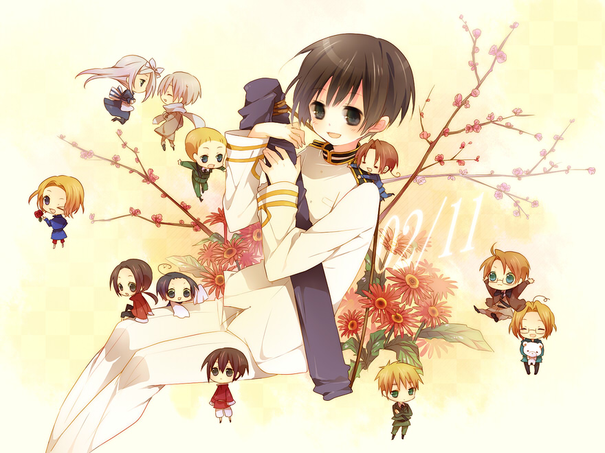 yamiya (8 18dlq), america (hetalia), belarus (hetalia), canada (hetalia), china (hetalia), france (hetalia), germany (hetalia), hong kong (hetalia), japan (hetalia), korea (hetalia), northern italy (hetalia), russia (hetalia), united kingdom (hetalia), axis powers hetalia, uniform, bad id, bad pixiv id, 1girl, 6+boys, ||/, chibi, flower, happy, multiple boys, ponytail