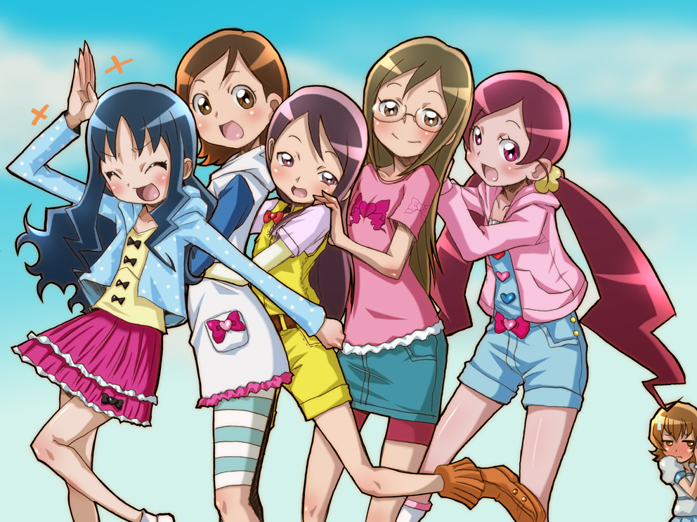 hirokawa kouichirou, hanasaki tsubomi, kuroda rumiko, kurumi erika, myoudouin itsuki, sakuma toshiko, sawai naomi, heartcatch precure!, precure, striped, 10s, 6+girls, blue hair, bow, brown eyes, brown hair, closed eyes, kurota rumiko, long hair, multiple girls, pink bow, pink eyes, polka dot, purple eyes, purple hair, red hair, short hair, smile, twintails