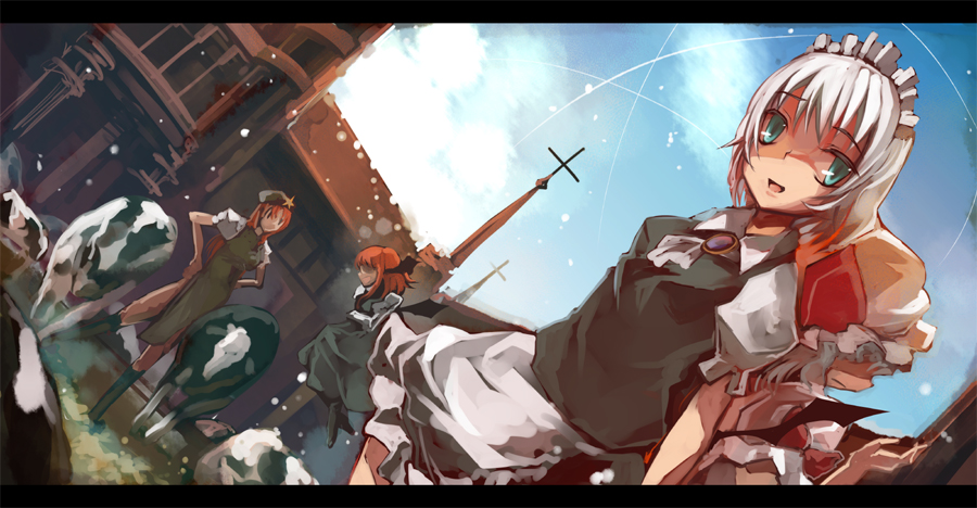 shimadoriru, hong meiling, izayoi sakuya, koakuma, remilia scarlet, embodiment of scarlet devil, touhou, silver hair, bad id, bad pixiv id, 4girls, back-to-back, bat wings, beret, cloud, cow, crossed arms, day, dutch angle, female focus, flying, hairband, hands on own hips, hat, head wings, letterboxed, looking at viewer, maid, mansion, multiple girls, outdoors, red hair, scarlet devil mansion, short hair, sky, wings