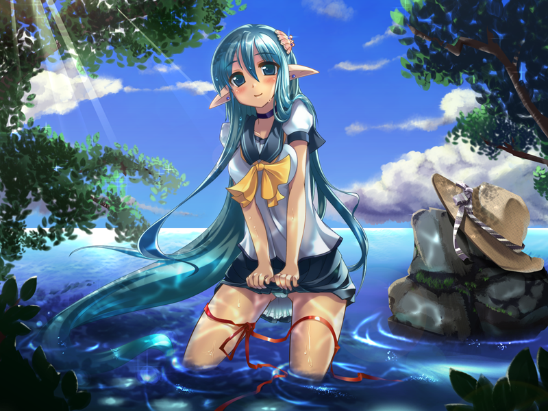 de so, original, bad id, bad pixiv id, 1girl, aqua hair, cloud, day, earrings, elf, female focus, hair ornament, hat, jewelry, light rays, long hair, nature, panties, pointy ears, ribbon, rock, school uniform, serafuku, sky, solo, sun hat, sunbeam, sunlight, underwear, unworn hat, unworn headwear, very long hair, wading, water
