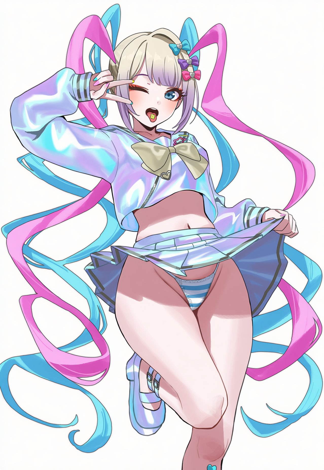 chouzetsusaikawa tenshi-chan, needy girl overdose, commentary, highres, 1girl, aqua bow, aqua hair, aqua nails, blonde hair, blue eyes, blunt bangs, bow, chest bow, clothes lift, collarbone, drugs, fingernails, gradient hair, hair bow, high heels, iridescent clothes, leg up, lifting own clothes, long hair, long sleeves, lsd, makeup, midriff, miniskirt, multicolored bow, multicolored hair, multicolored nails, multiple hair bows, nail polish, navel, one eye closed, panties, pink bow, pink hair, pink nails, purple bow, quad tails, school uniform, serafuku, sidelocks, skirt, skirt lift, solo, standing, standing on one leg, striped clothes, striped panties, teeth, thighs, tongue, tongue out, underwear, upper teeth only, v, v over eye, very long hair, white background, yellow bow, yuneillusts