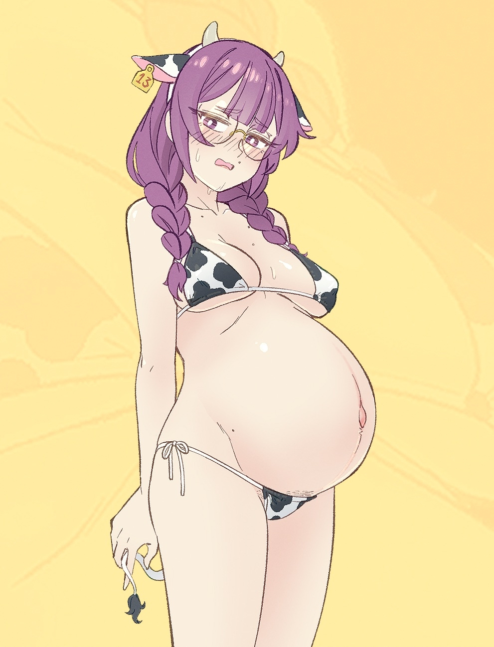 vibrantrida, realda (vibrantrida), original, commentary, english commentary, highres, 1girl, animal ears, animal print, big belly, bikini, blush, braid, breasts, cow ears, cow horns, cow print, cow print bikini, cow tail, ear tag, fake animal ears, fake tail, from side, groin, horns, looking at viewer, medium breasts, medium hair, mole, mole under eye, open mouth, outie navel, pregnant, print bikini, purple eyes, purple hair, round eyewear, solo, sweat, swimsuit, tail, yellow background