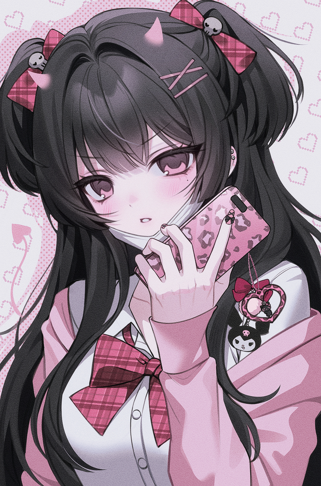 kuromi, my melody (series), onegai my melody, original, sanrio, commentary, highres, 1girl, bow, bowtie, buttons, cameo, cardigan, cardigan partially removed, cellphone charm, charm (object), collared shirt, earrings, gyaru, hair bow, hair intakes, hair ornament, heart, holding, holding phone, jewelry, kogal, long hair, looking at viewer, mask, midomoid, mole, mole under eye, mouth mask, nail art, phone, pink bow, pink bowtie, pink cardigan, pink eyes, pink nails, plaid bow, shirt, solo, two side up, upper body, white shirt, x hair ornament