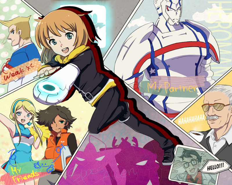 heroman (robot), joey jones, lina davis, matthew denton, simon kaina, stan lee, will davis, william davis, heroman, bad id, bad pixiv id, 1girl, 5boys, androgynous, collage, multiple boys