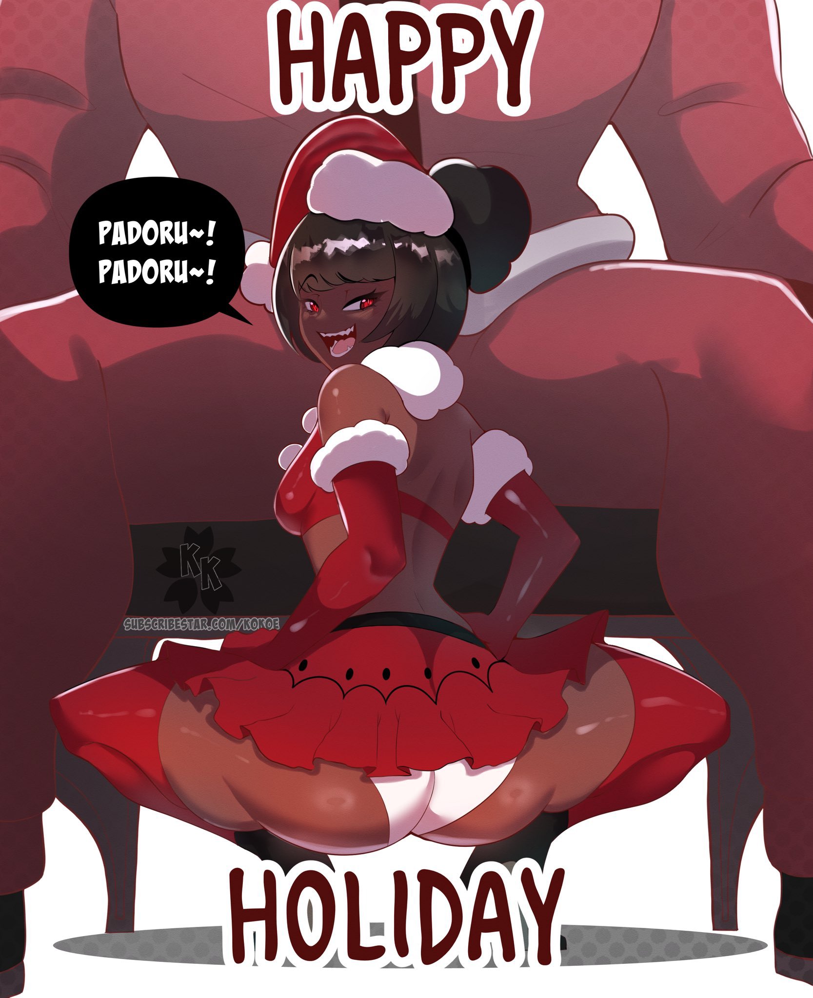 kokoe (pyuncho), kokoe (character), santa claus, original, highres, 1boy, 1girl, bra, dark-skinned female, dark skin, elbow gloves, english text, gloves, happy holidays, hat, looking at viewer, looking back, microskirt, panties, red bra, red gloves, red hat, red skirt, red thighhighs, santa hat, sitting, skirt, squatting, thighhighs, underwear, very dark skin, white panties