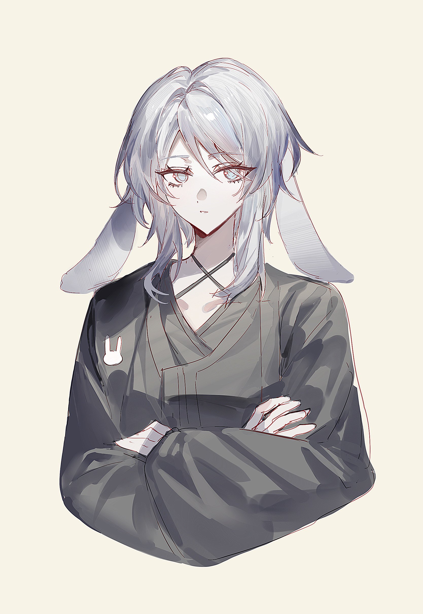 bochishiraita, faust (project moon), limbus company, project moon, absurdres, highres, 1girl, animal ears, black coat, black hanfu, chinese clothes, coat, cropped torso, crossed arms, grey eyes, grey hair, hair between eyes, hanfu, heishou pack-mao branch (identity) (project moon), looking to the side, medium hair, official alternate costume, rabbit ears, sidelocks, solo, sticker, white background
