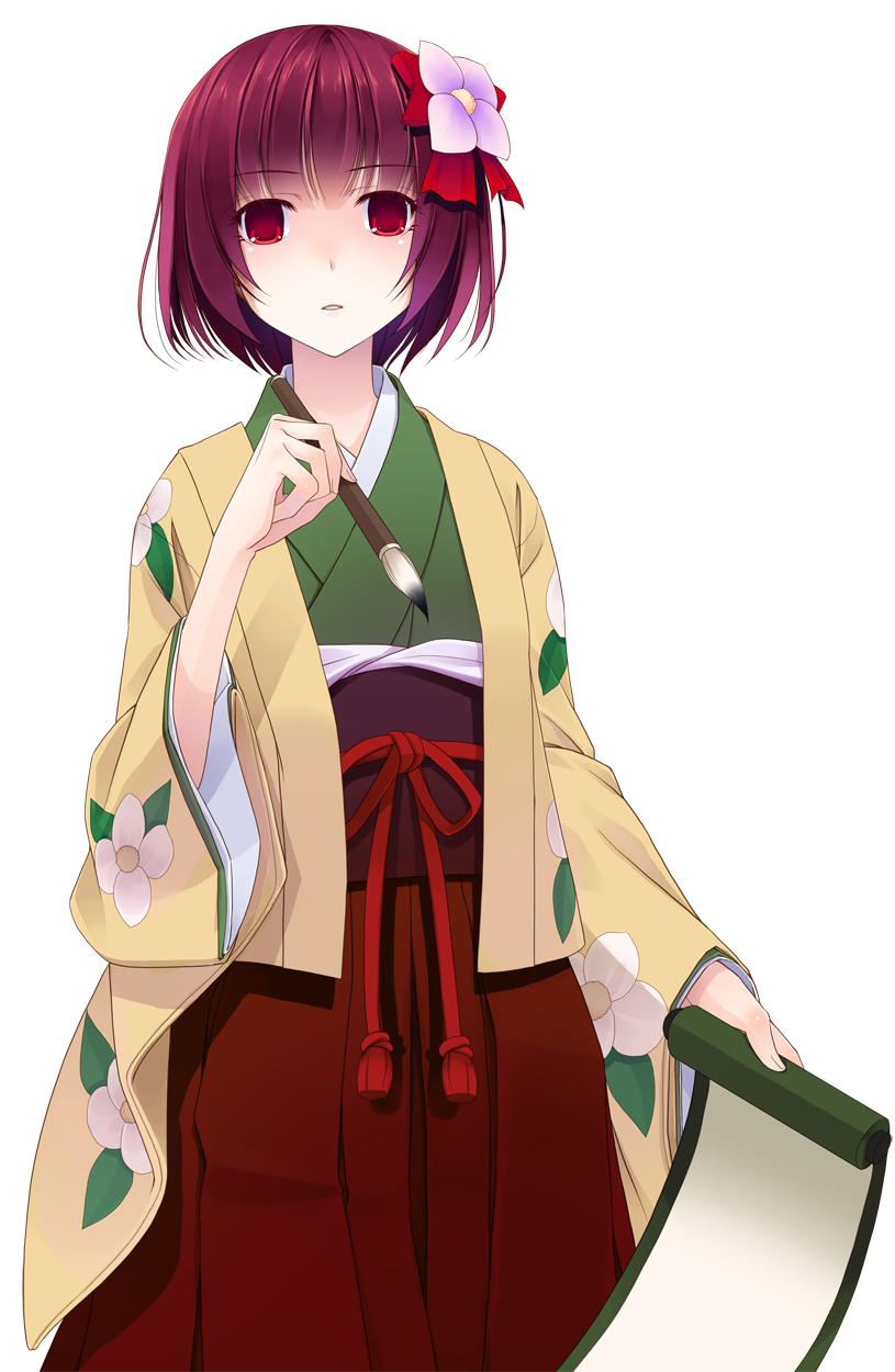 crote, hieda no akyuu, touhou, commentary request, highres, large variant set, variant set, 1girl, cowboy shot, floral print, floral print kimono, flower, green kimono, hair flower, hair ornament, hakama, hakama skirt, hand up, holding, holding paintbrush, holding scroll, japanese clothes, kimono, looking at viewer, obi, obijime, open clothes, open kimono, paintbrush, parted lips, print kimono, purple hair, purple sash, red eyes, red hakama, sash, scroll, short hair, skirt, solo, standing, tachi-e, transparent background, wide-eyed, yellow kimono