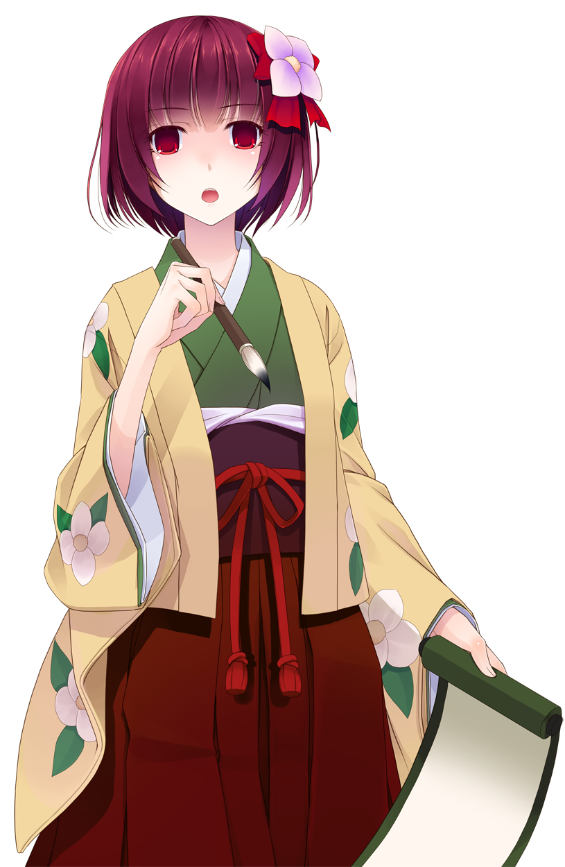 crote, hieda no akyuu, touhou, commentary request, highres, large variant set, variant set, 1girl, cowboy shot, floral print, floral print kimono, flower, green kimono, hair flower, hair ornament, hakama, hakama skirt, hand up, holding, holding paintbrush, holding scroll, japanese clothes, kimono, looking at viewer, obi, obijime, open clothes, open kimono, open mouth, paintbrush, print kimono, purple hair, purple sash, red eyes, red hakama, sash, scroll, short hair, skirt, solo, standing, tachi-e, teeth, transparent background, upper teeth only, wide-eyed, yellow kimono
