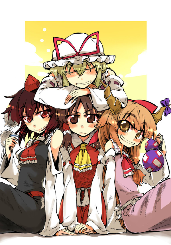 hikawa shou, popoin, hakurei reimu, ibuki suika, shameimaru aya, yakumo yukari, subterranean animism, touhou, 4girls, alternate costume, annoyed, arm support, blonde hair, bow, brown hair, closed eyes, cosplay, detached sleeves, female focus, gourd, grin, hair bow, hakurei reimu (cosplay), harem, hat, horns, japanese clothes, long hair, miko, multiple girls, red eyes, saliva, short hair, smile, tokin hat