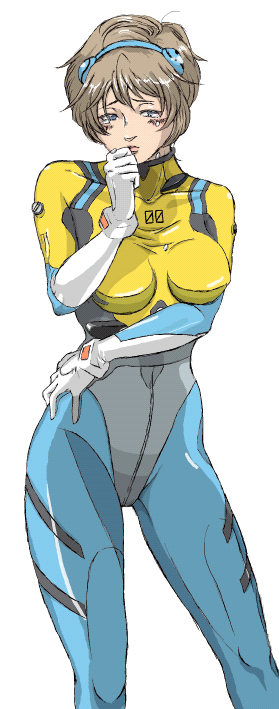 nanasha, ukraine (hetalia), axis powers hetalia, neon genesis evangelion, bad id, bad pixiv id, 1girl, alternate costume, blonde hair, blue bodysuit, blue eyes, blush, bodysuit, bracer, breasts, breasts apart, contrapposto, cosplay, female focus, gloves, grey hair, hairband, hand on own hip, hand to own mouth, large breasts, looking at viewer, mecha pilot suit, parted lips, plugsuit (cosplay), plugsuit (evangelion), raised eyebrows, short hair, simple background, skin tight, solo, standing, tears, turtleneck, white background