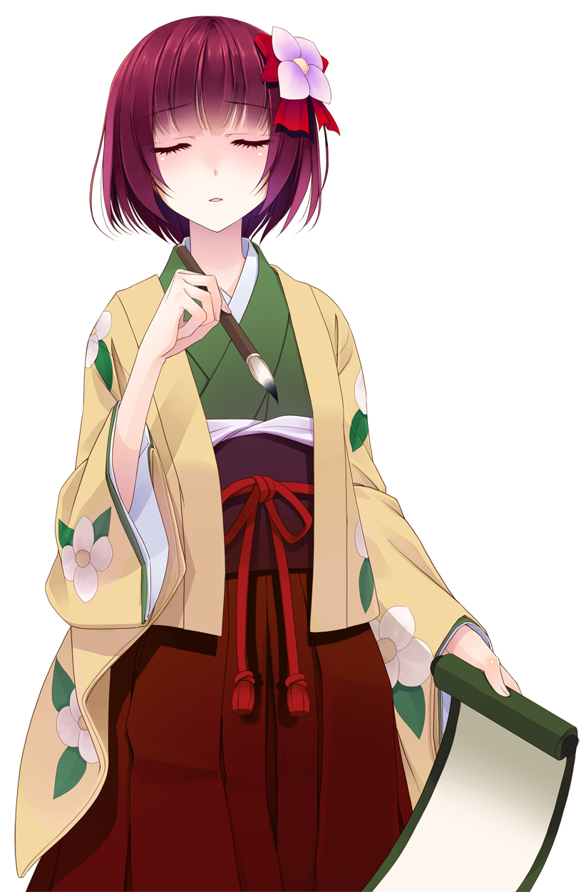 crote, hieda no akyuu, touhou, commentary request, highres, large variant set, variant set, 1girl, closed eyes, cowboy shot, facing viewer, floral print, floral print kimono, flower, furrowed brow, green kimono, hair flower, hair ornament, hakama, hakama skirt, hand up, holding, holding paintbrush, holding scroll, japanese clothes, kimono, obi, obijime, open clothes, open kimono, paintbrush, parted lips, print kimono, purple hair, purple sash, red hakama, sash, scroll, short hair, skirt, solo, standing, tachi-e, transparent background, u u, yellow kimono