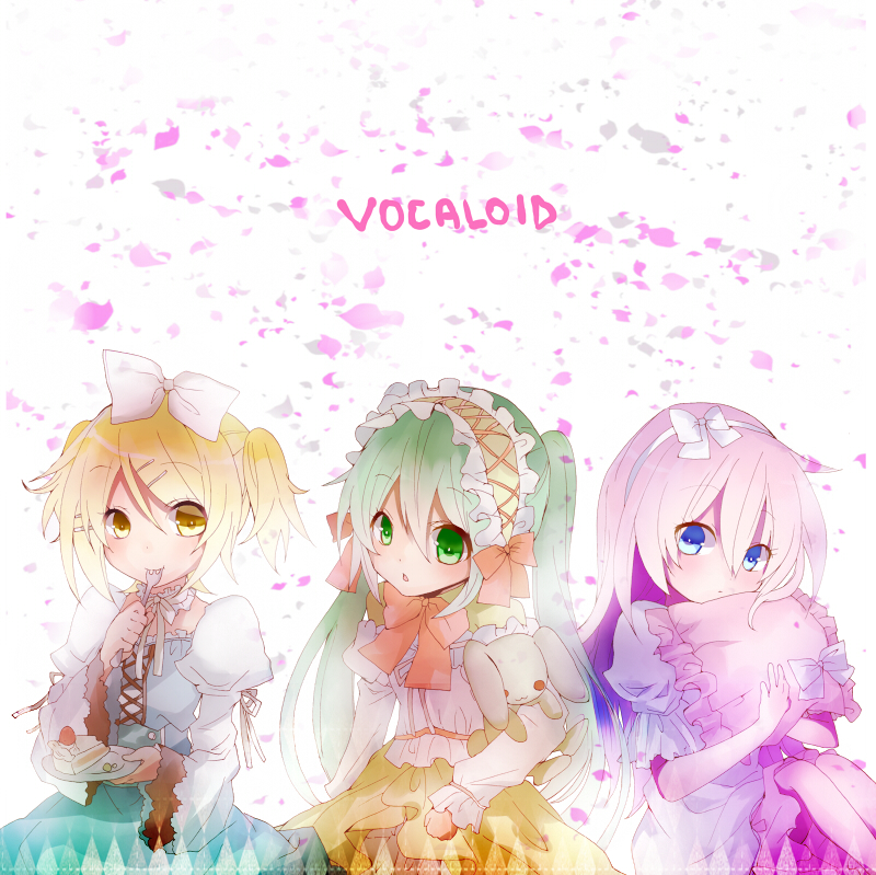 pun2, hatsune miku, kagamine rin, megurine luka, vocaloid, bad id, bad pixiv id, 3girls, blonde hair, blue eyes, bow, cake, eating, food, fork, frills, green eyes, green hair, hair bow, hair ribbon, hairband, multiple girls, pastry, petals, pink hair, ribbon, short hair, smile, stuffed animal, stuffed toy, twintails, yellow eyes