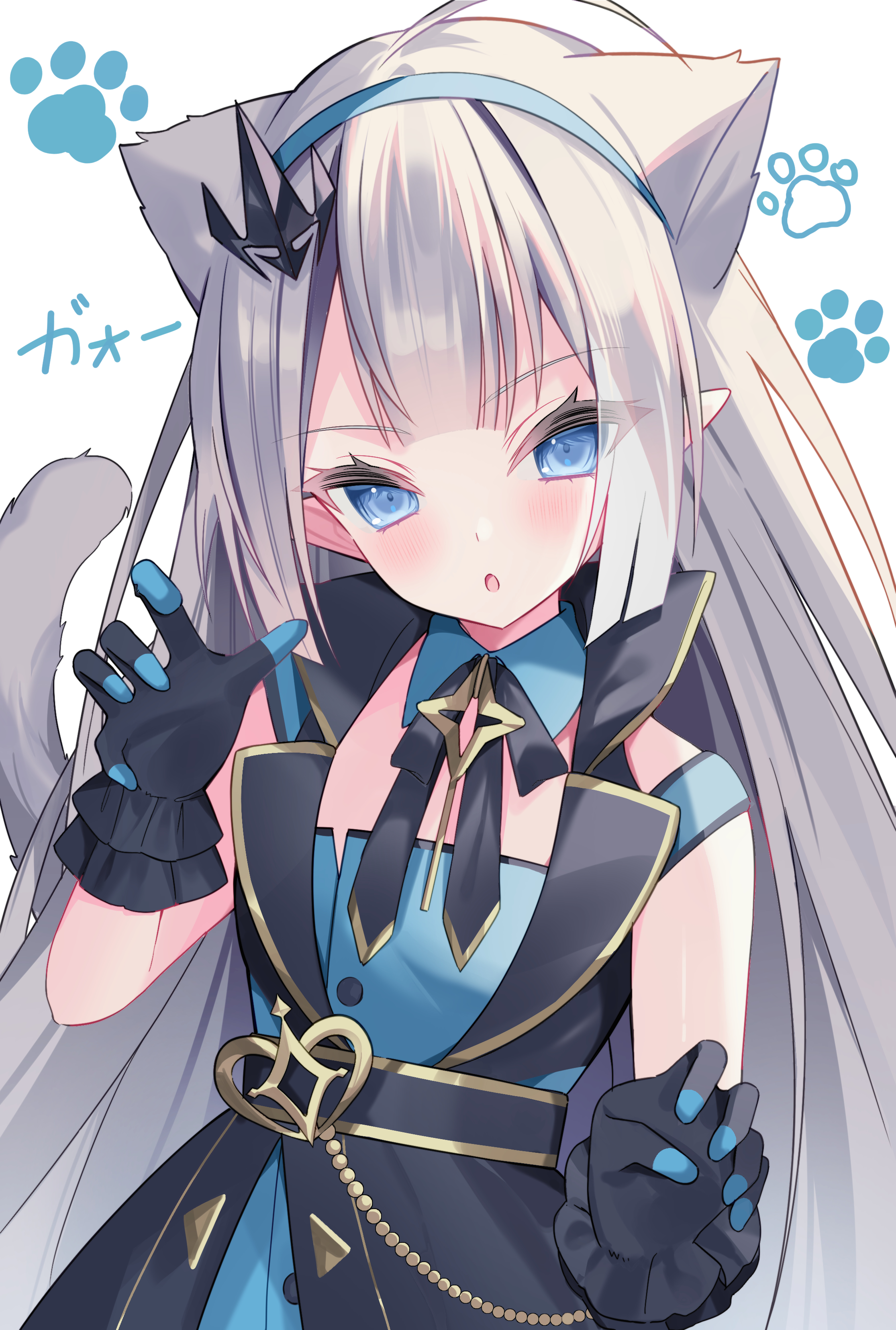 ureinnn, female tyrant (stella sora), tyrant (stella sora), stella sora, absurdres, commentary request, highres, 1girl, ahoge, animal ears, black bow, black bowtie, black gloves, black vest, blue dress, blue eyes, blue hairband, blunt bangs, bow, bowtie, cat ears, cat girl, cat tail, detached collar, dress, frilled gloves, frills, gloves, grey hair, hairband, high collar, long hair, looking at viewer, open mouth, simple background, sleeveless, sleeveless dress, solo, tail, teeth, transparent background, upper body, vest