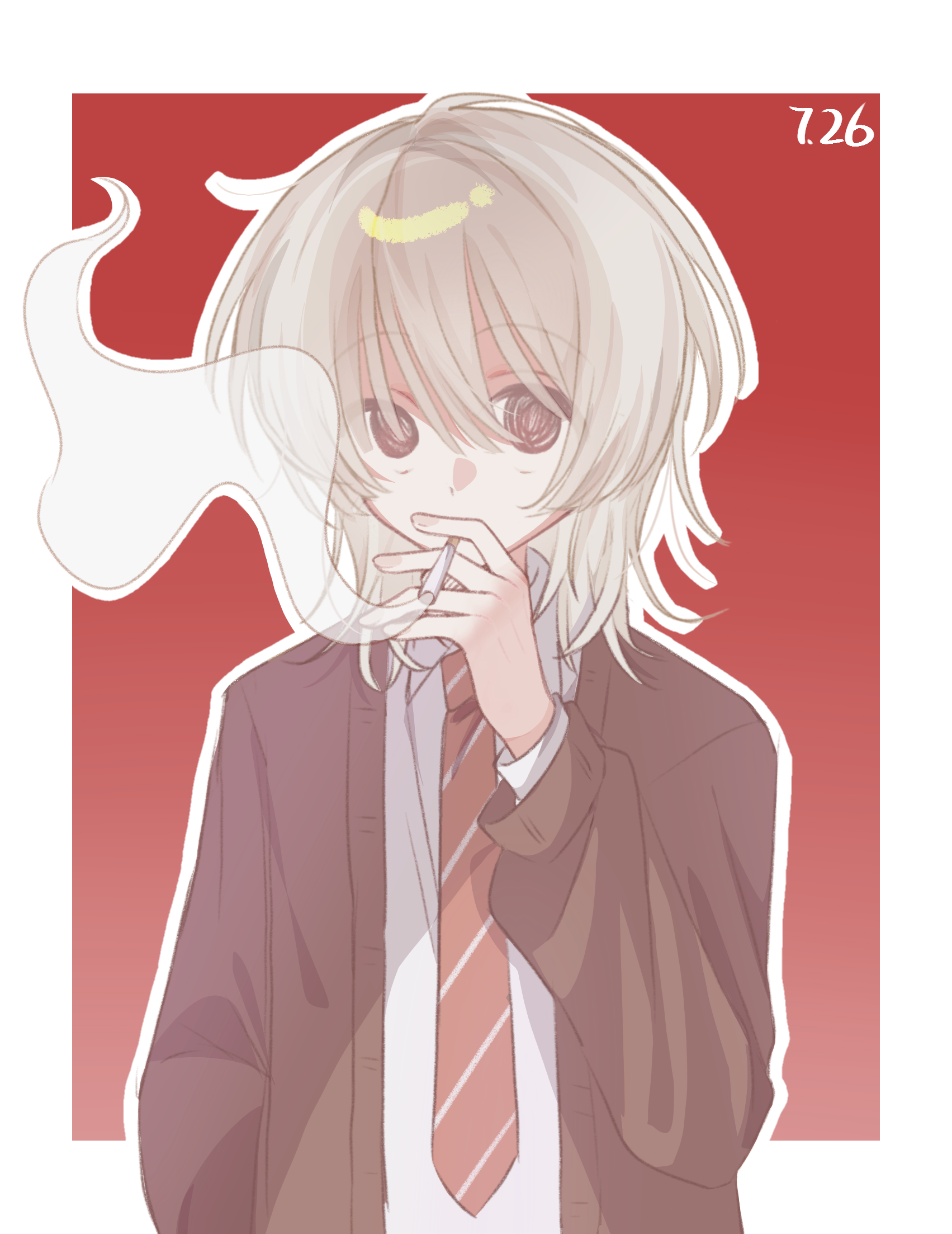 tatsunami shion, saihate eki, commentary, highres, symbol-only commentary, 1boy, arm behind back, brown cardigan, cardigan, dated, diagonal-striped clothes, diagonal-striped necktie, looking at viewer, male focus, necktie, outline, red background, red necktie, short hair, smoking, solo, squiggle eyes, striped clothes, upper body, white hair, white outline, yisu719871